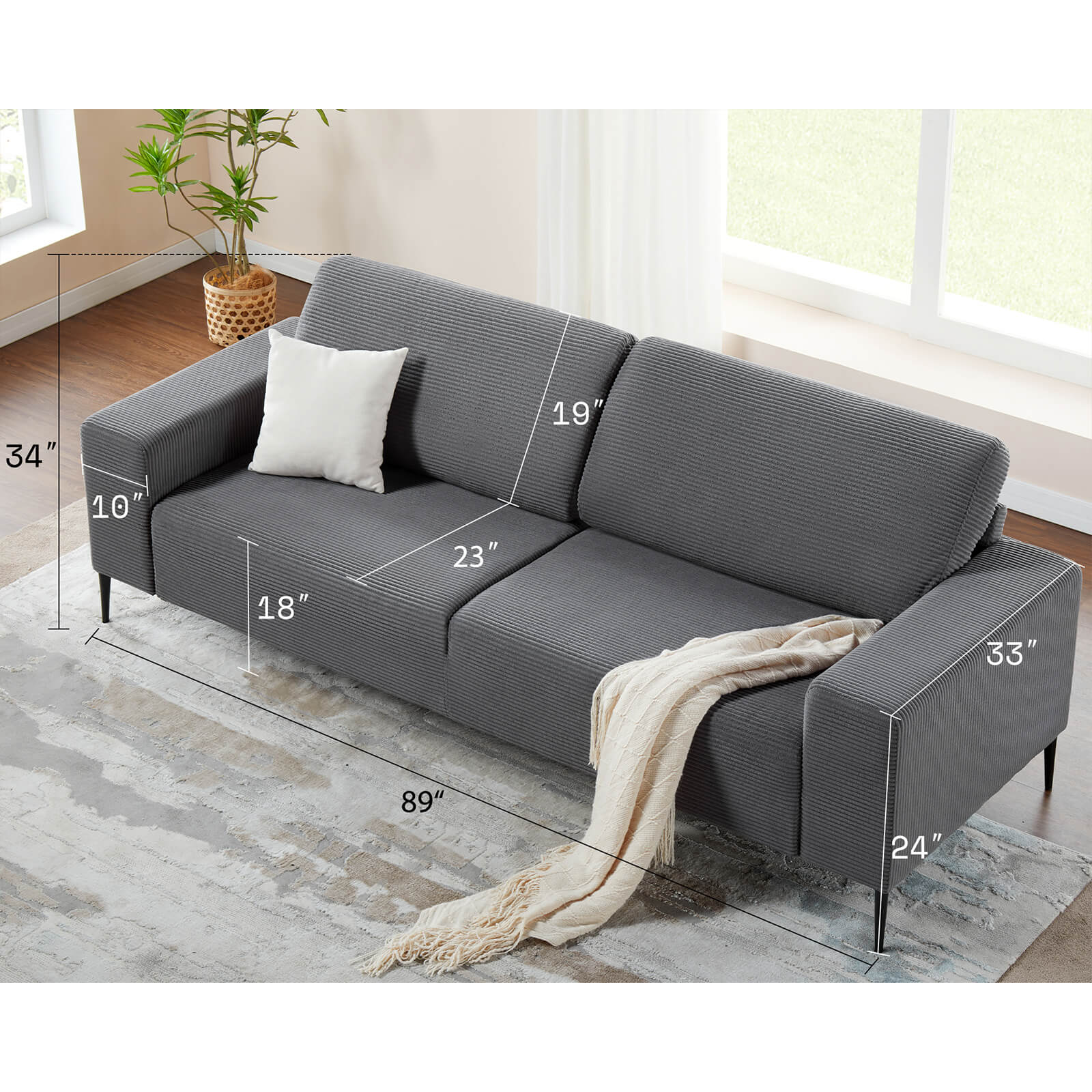 Grey Corduroy Sofa Set - 3 chairs