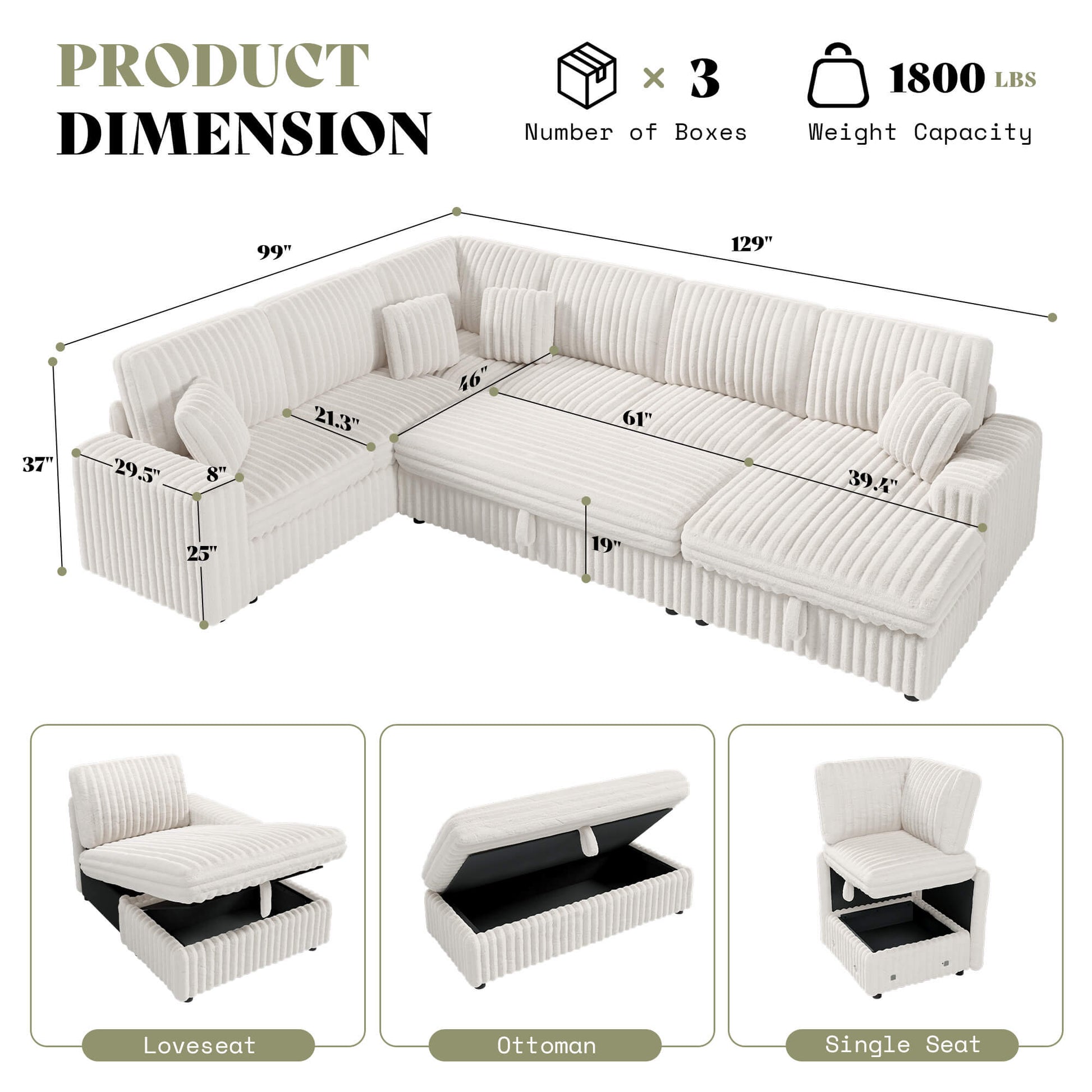 Storavia Cloud Modular Sleeper Sectional Sofa - White