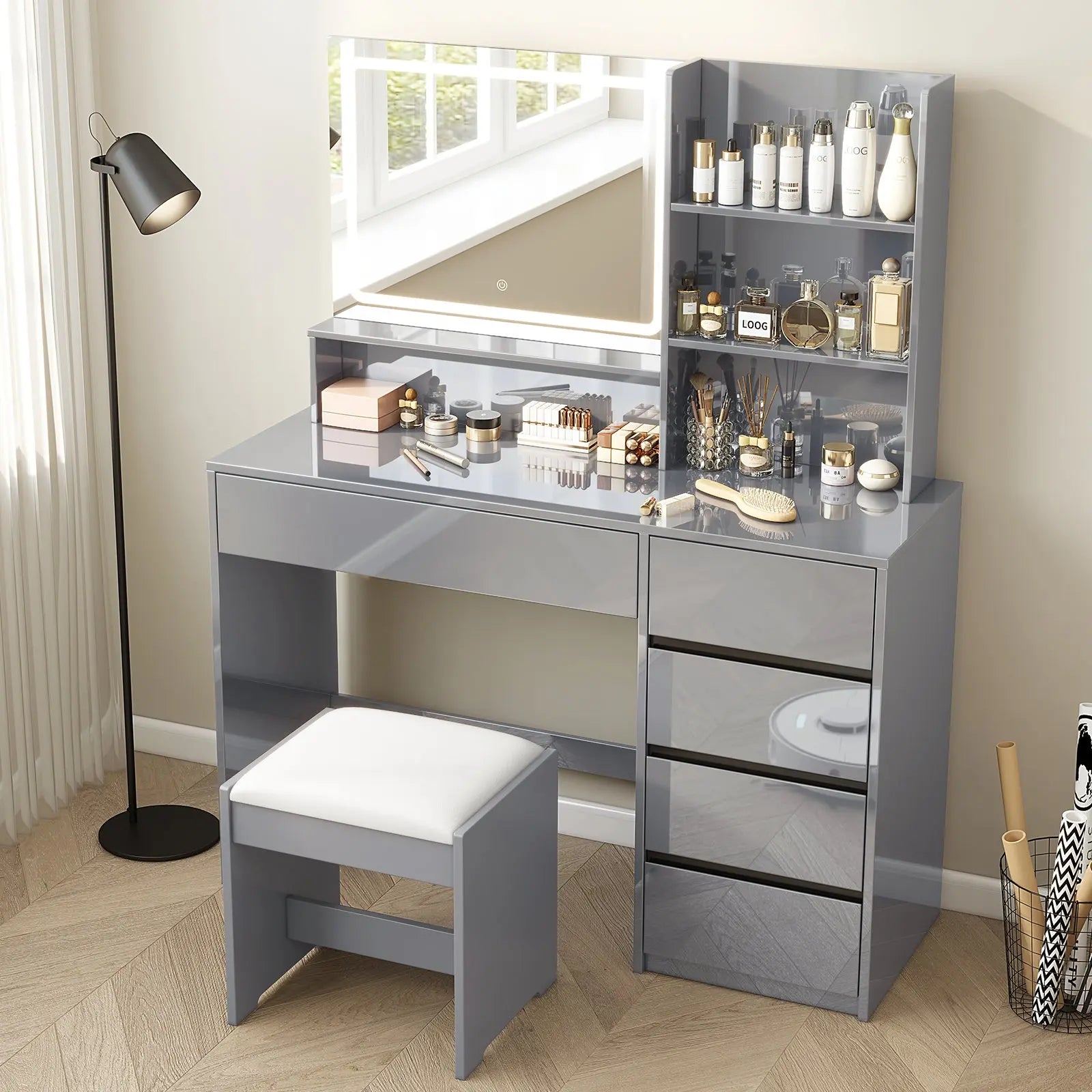 AMERLIFE Stella 45 High Gloss Vanity Desk with Large Lighted Mirror Makeup Vanity Table Set with Multiple Drawers Tiers Grey