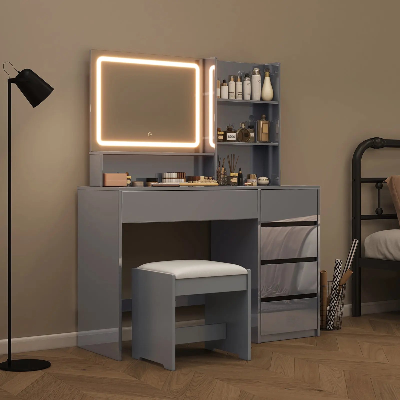 AMERLIFE Stella 45 High Gloss Vanity Desk with Large Lighted Mirror Makeup Vanity Table Set with Multiple Drawers Tiers Grey