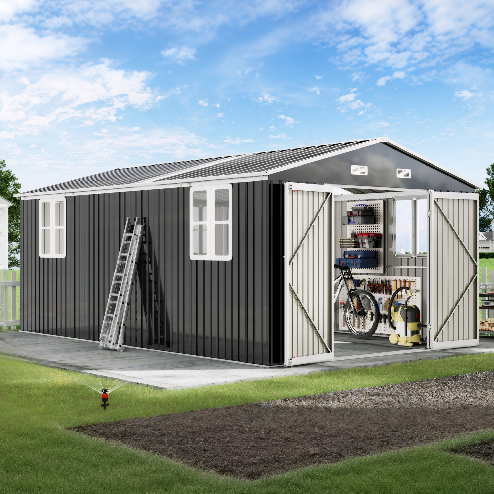 Outdoor Storage Shed with Transparent Panels Amerlife 10x16x7 FT