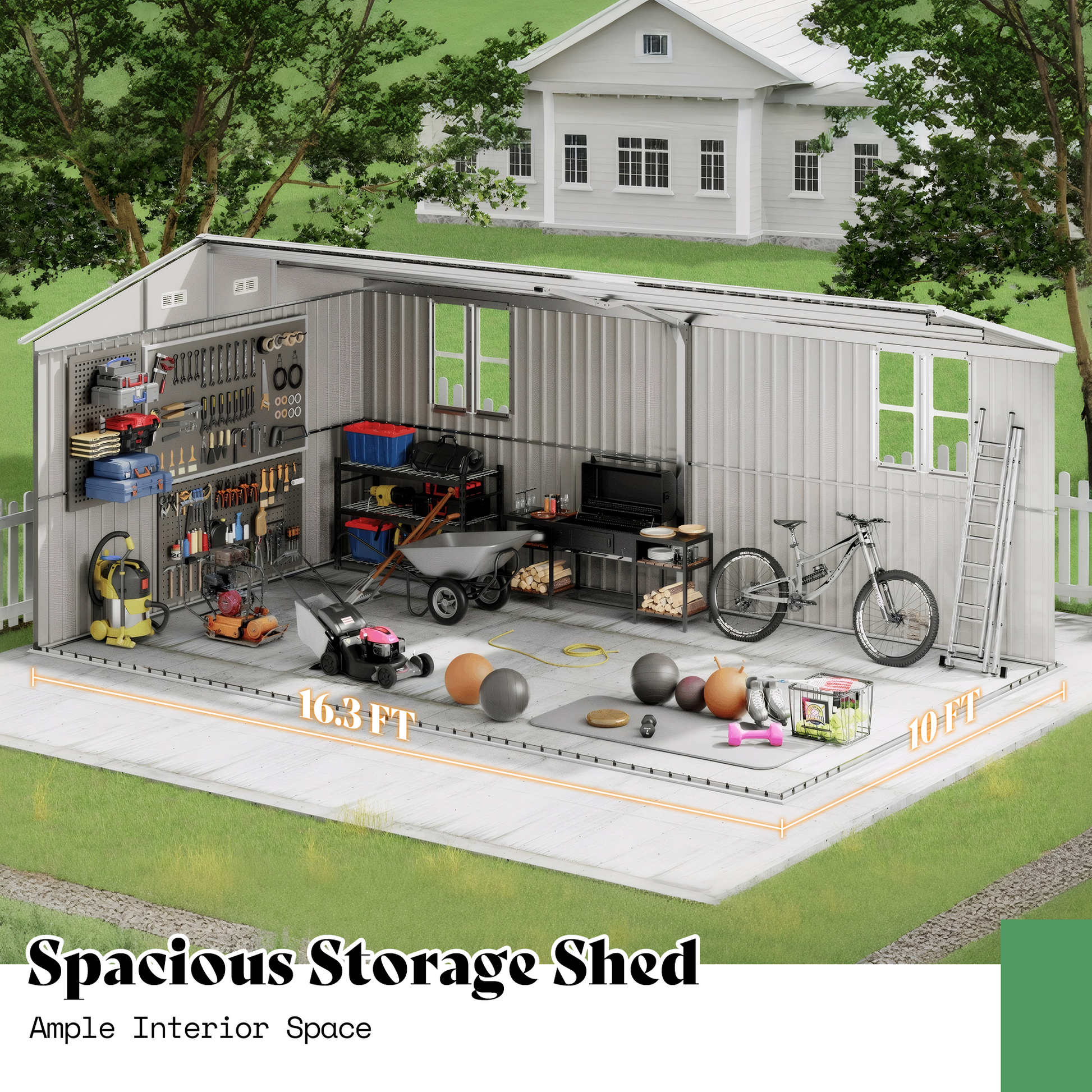 Outdoor Storage Shed with Transparent Panels Amerlife 10x16x7 FT 