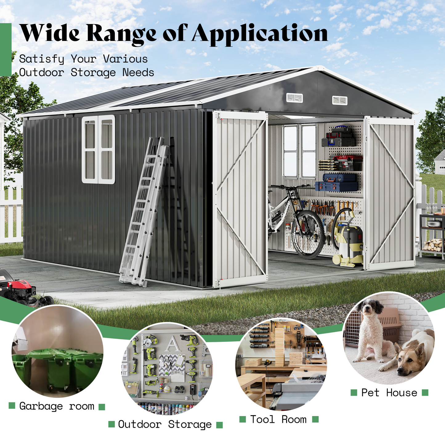 Outdoor Storage Shed with Transparent Panels Amerlife 10x16x7 FT 