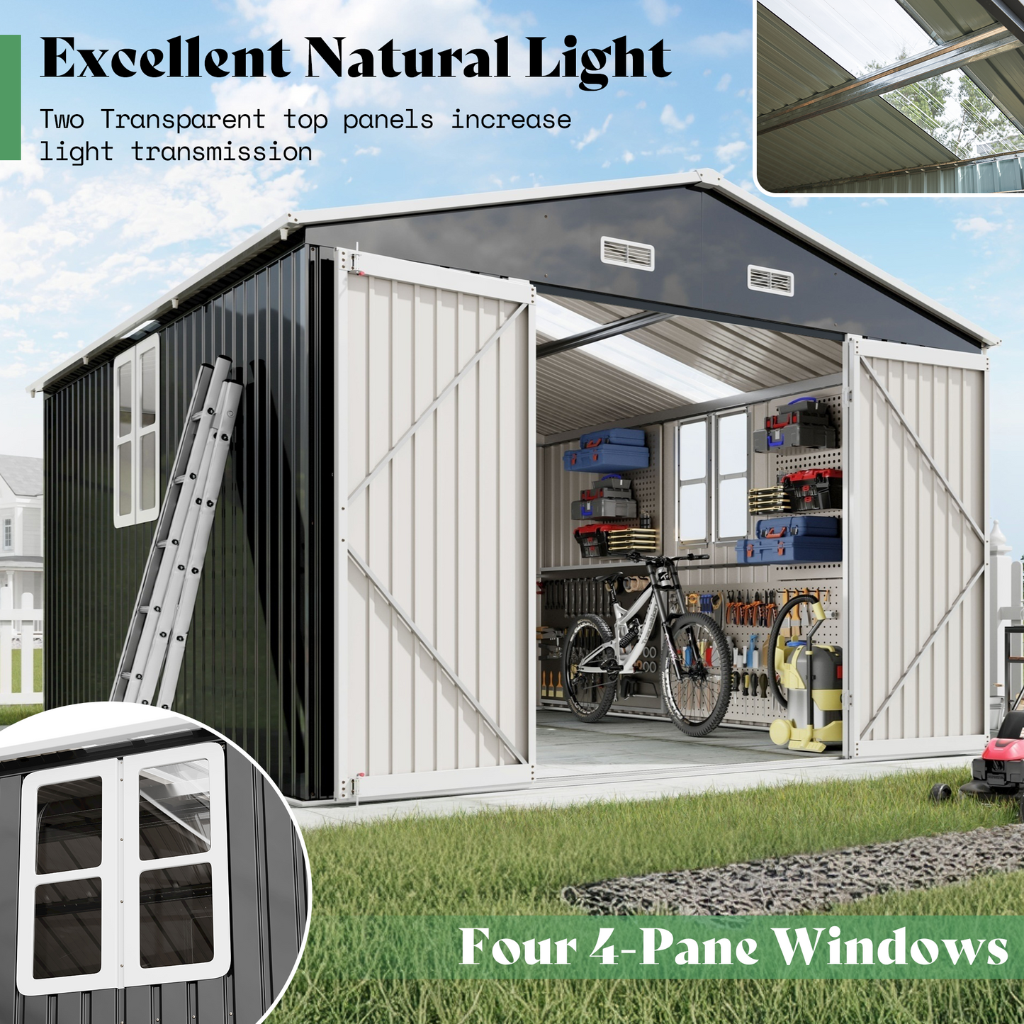 Outdoor Storage Shed with Transparent Panels Amerlife 10x16x7 FT 