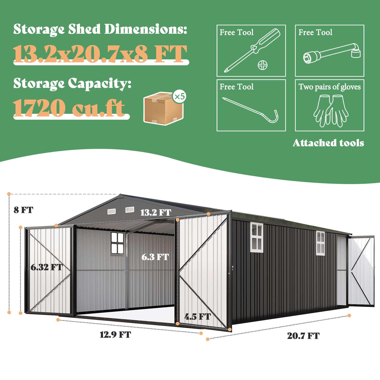 Amerlife Ironclad Double Hinged Doors Storage Shed 13.2x21x8 FT Amerlife Ironclad Double Hinged Doors Storage Shed 13.2x21x8 FT