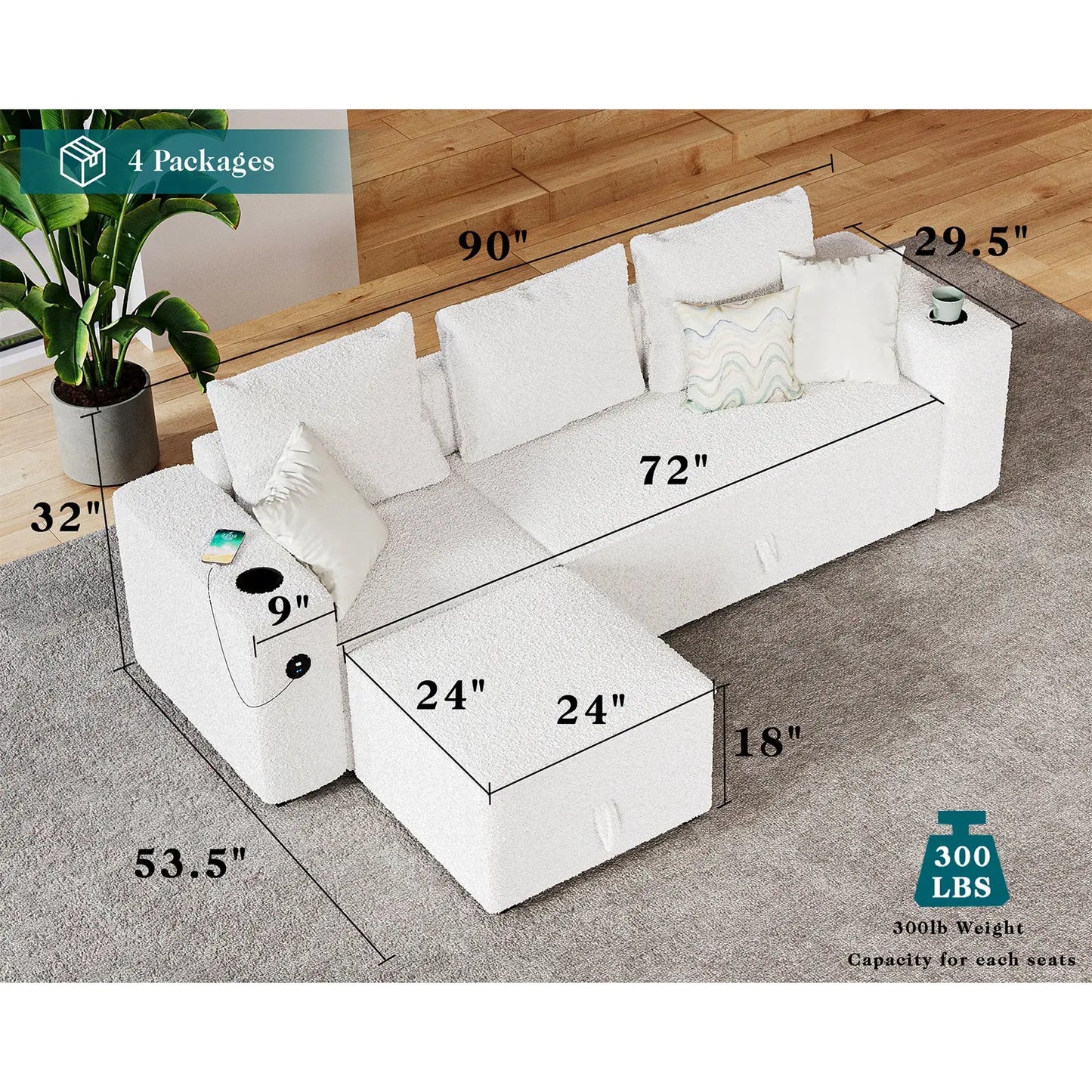 3 Seater & Ottoman / Bouclé White