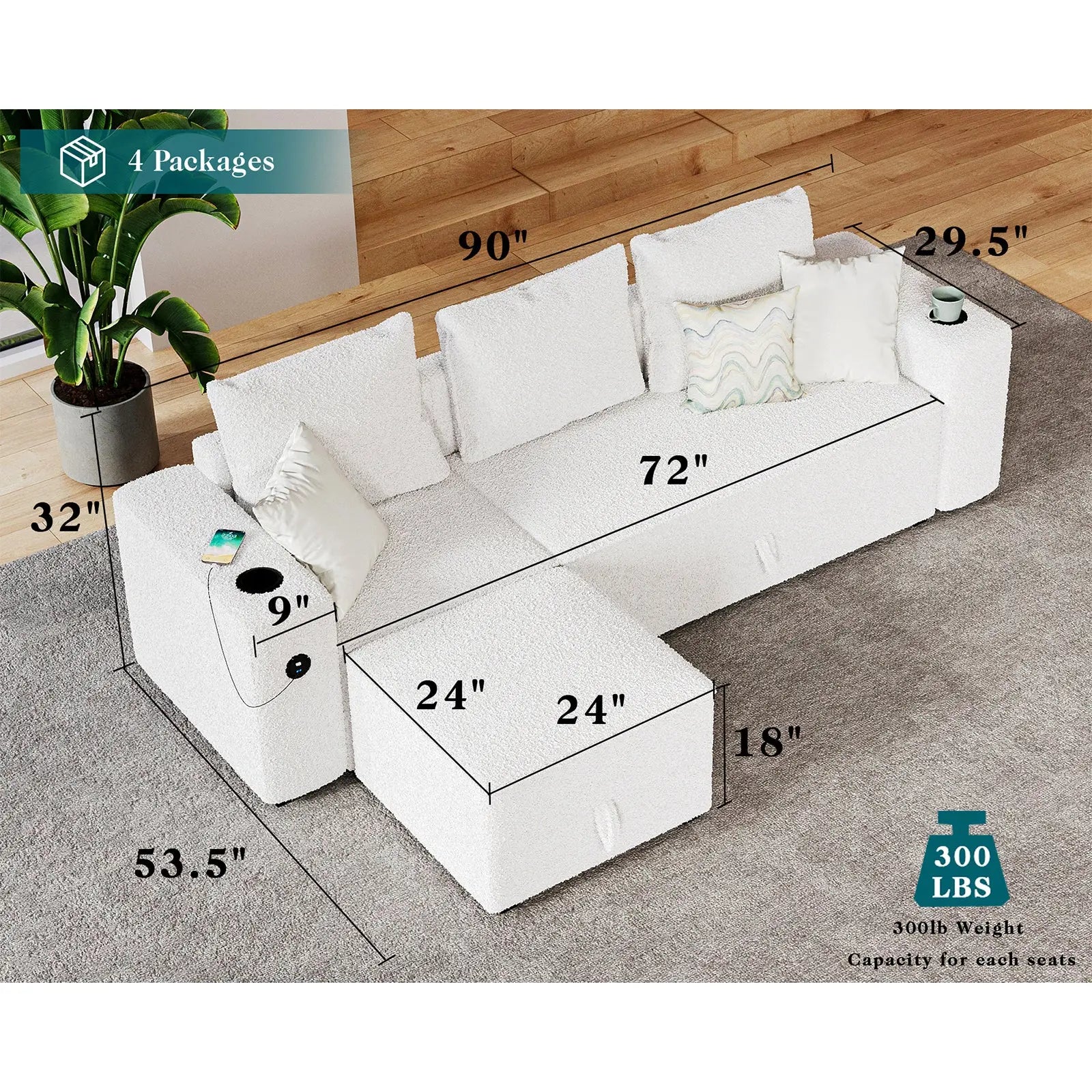 3 Seater & Ottoman / Bouclé White