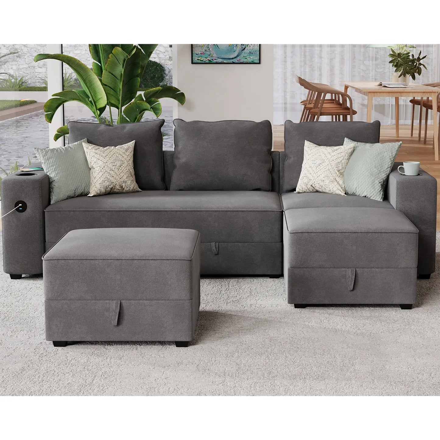 3 Seater & Two Ottoman / Grey