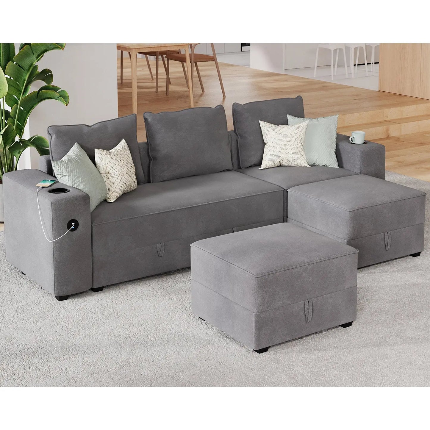 3 Seater & Two Ottoman / Grey