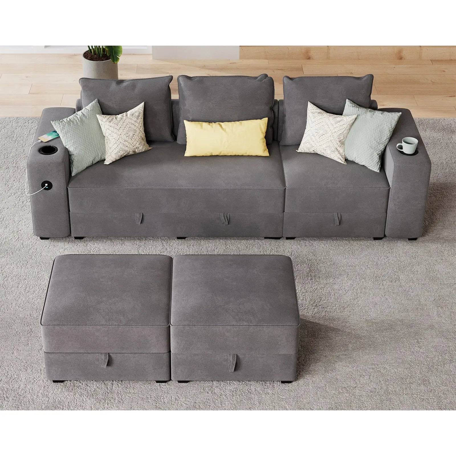 3 Seater & Two Ottoman / Grey