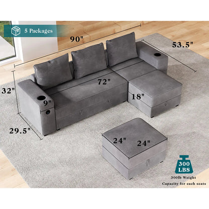 3 Seater & Two Ottoman / Grey