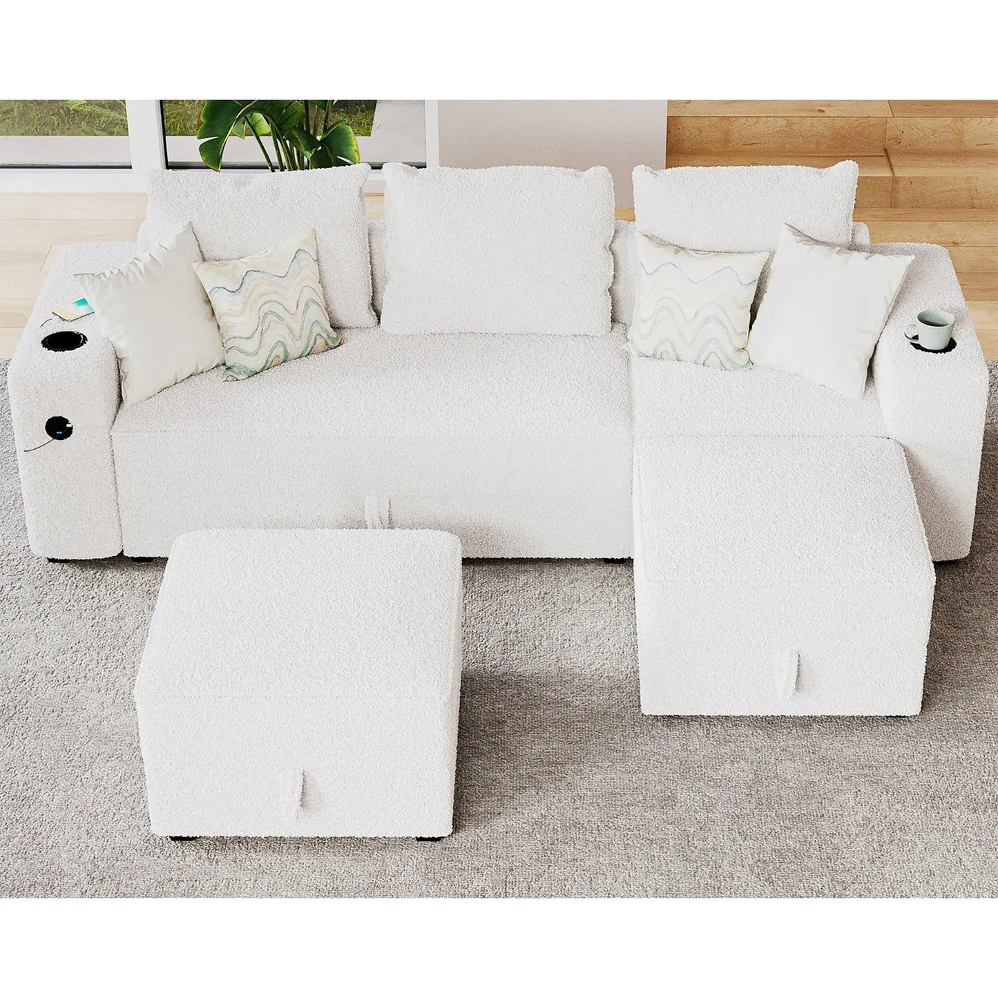 3 Seater & Two Ottoman / Bouclé White