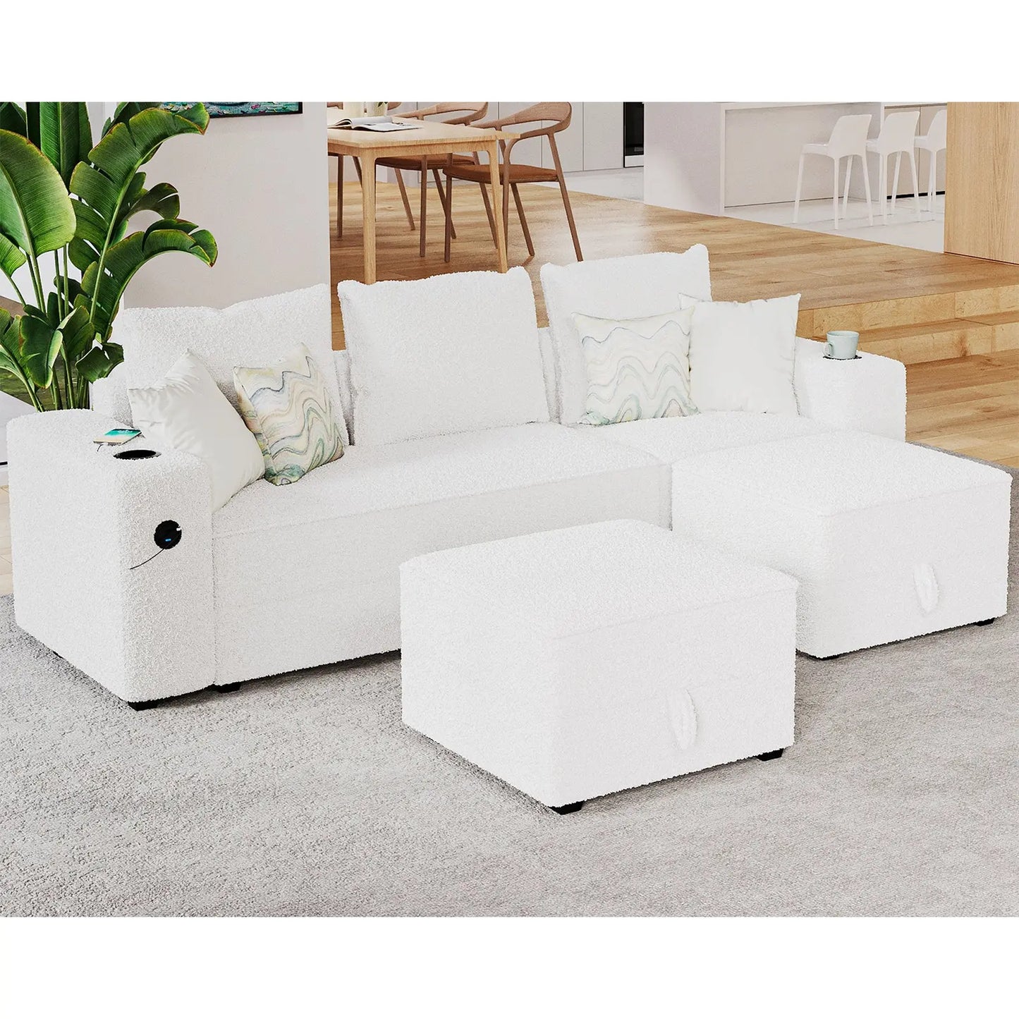 3 Seater & Two Ottoman / Bouclé White