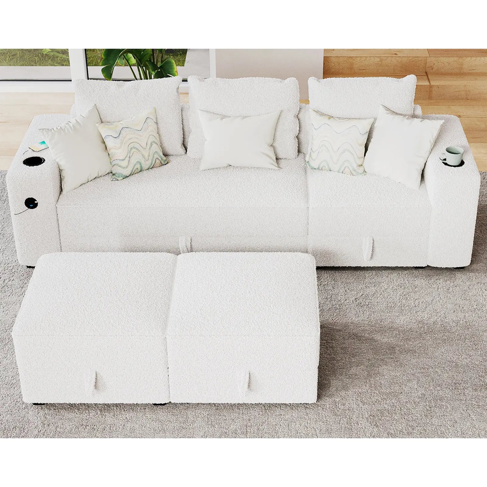 3 Seater & Two Ottoman / Bouclé White