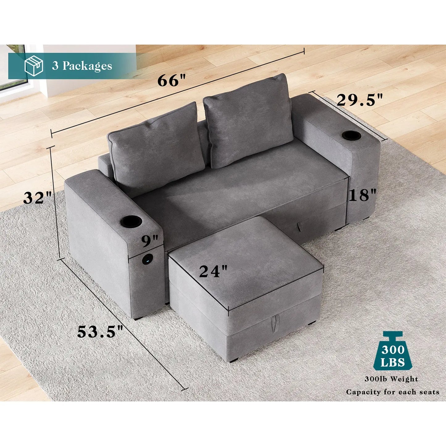 Armrests & One Ottoman / Grey