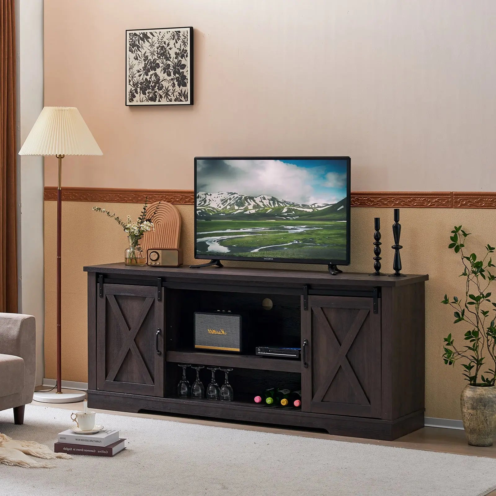 AMERLIFE Sawyer 66 TV Stand Farmhouse Sliding Barn Door Entertainment Center Dark Oak