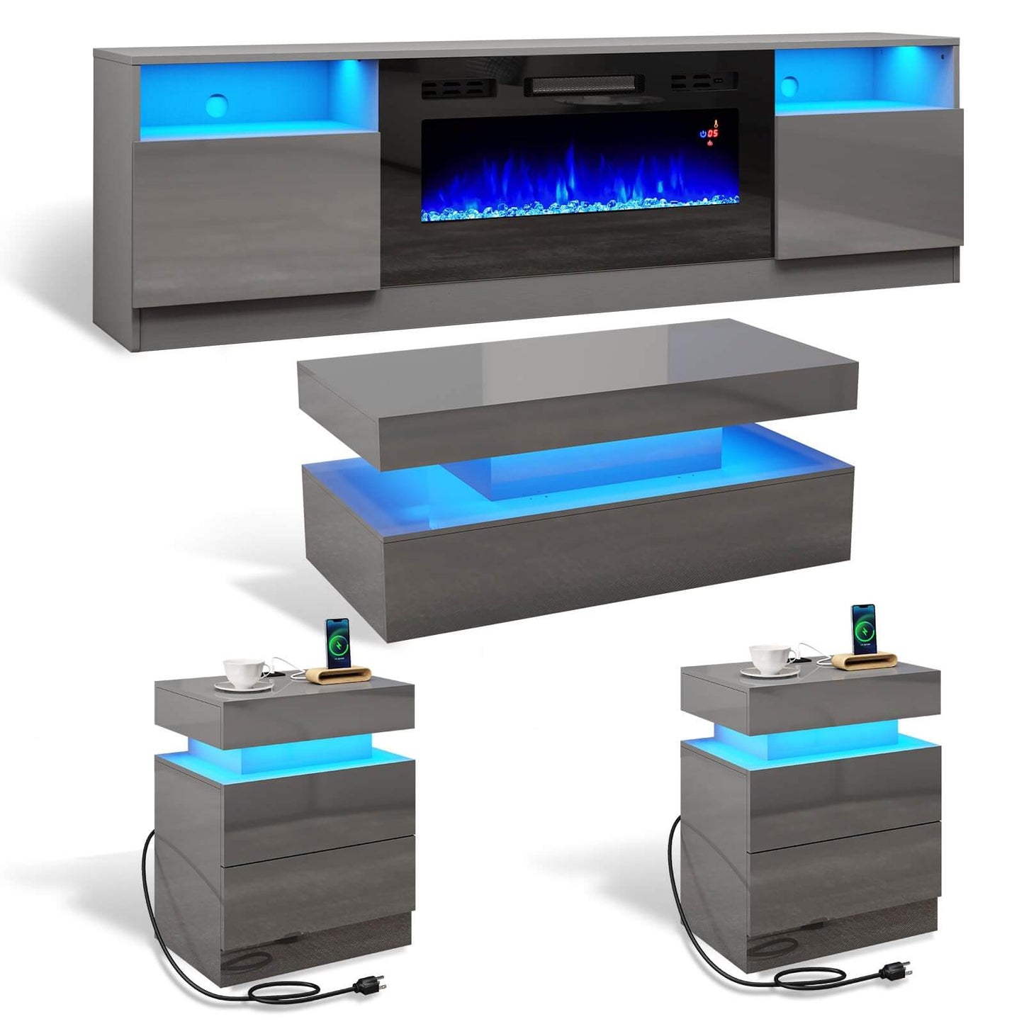 Lumina High Gloss Fireplace TV Stand Set Amerlife 70" / Grey