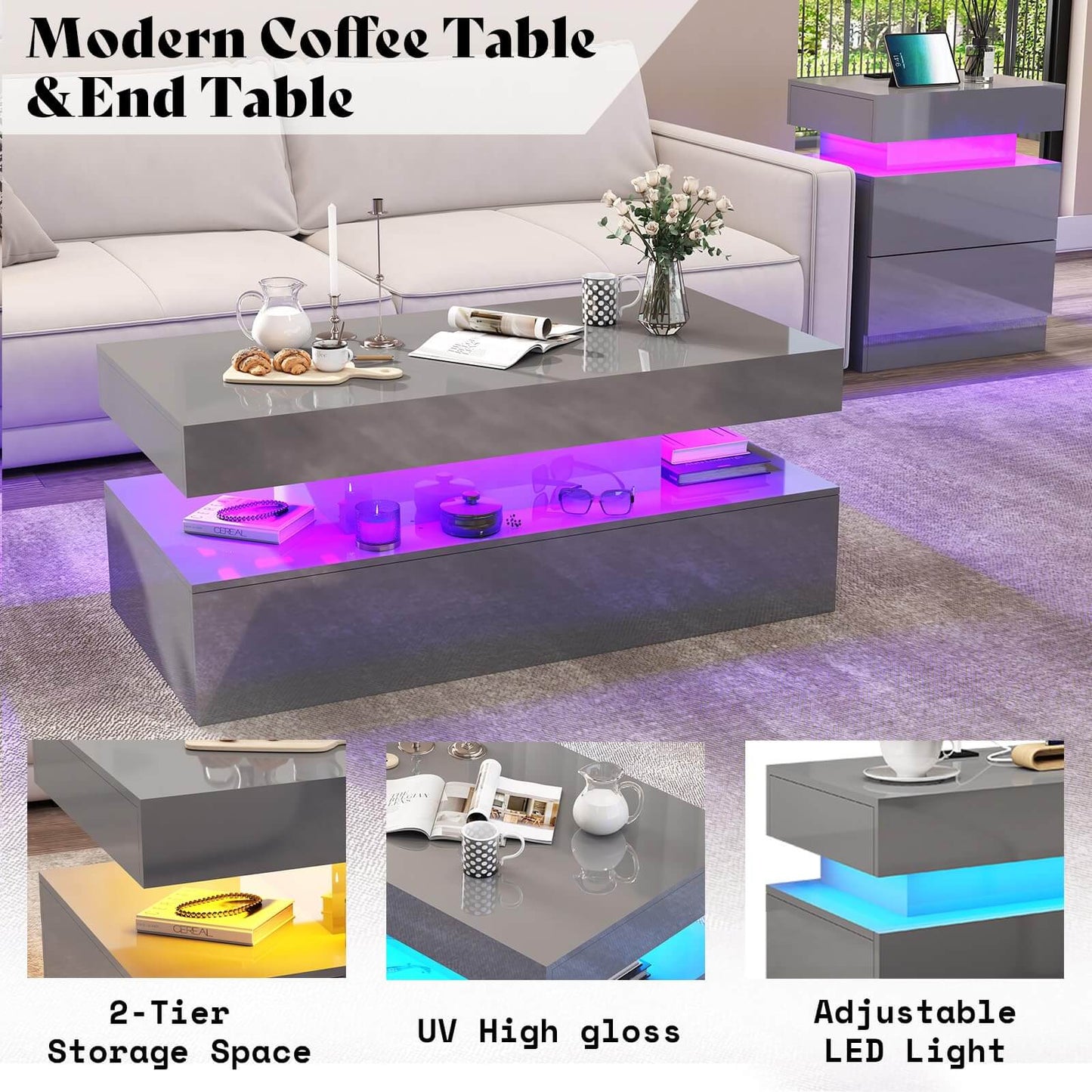 Lumina High Gloss Fireplace TV Stand Set Amerlife 70" / Grey