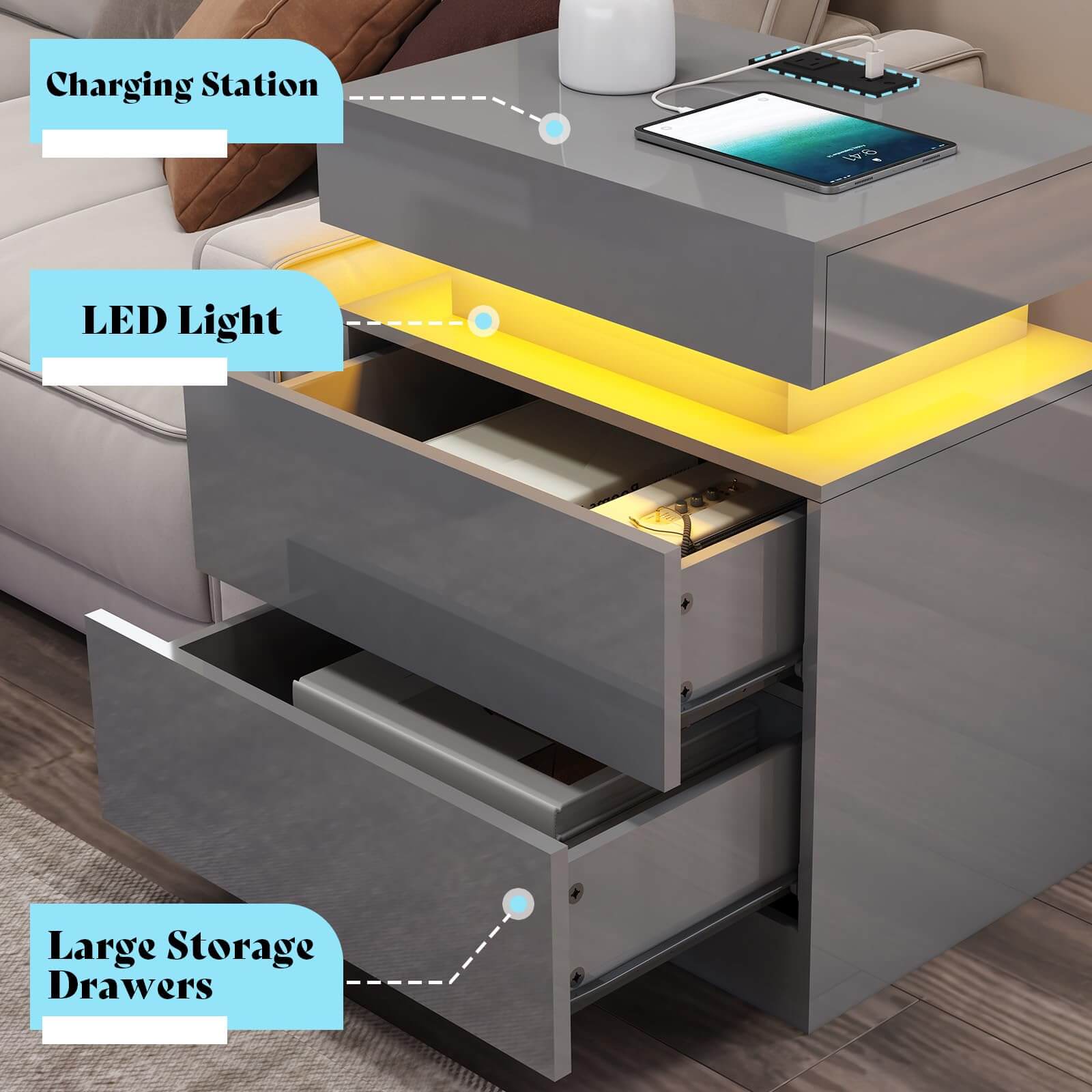 Lumina High Gloss Fireplace TV Stand Set Amerlife 70" / Grey