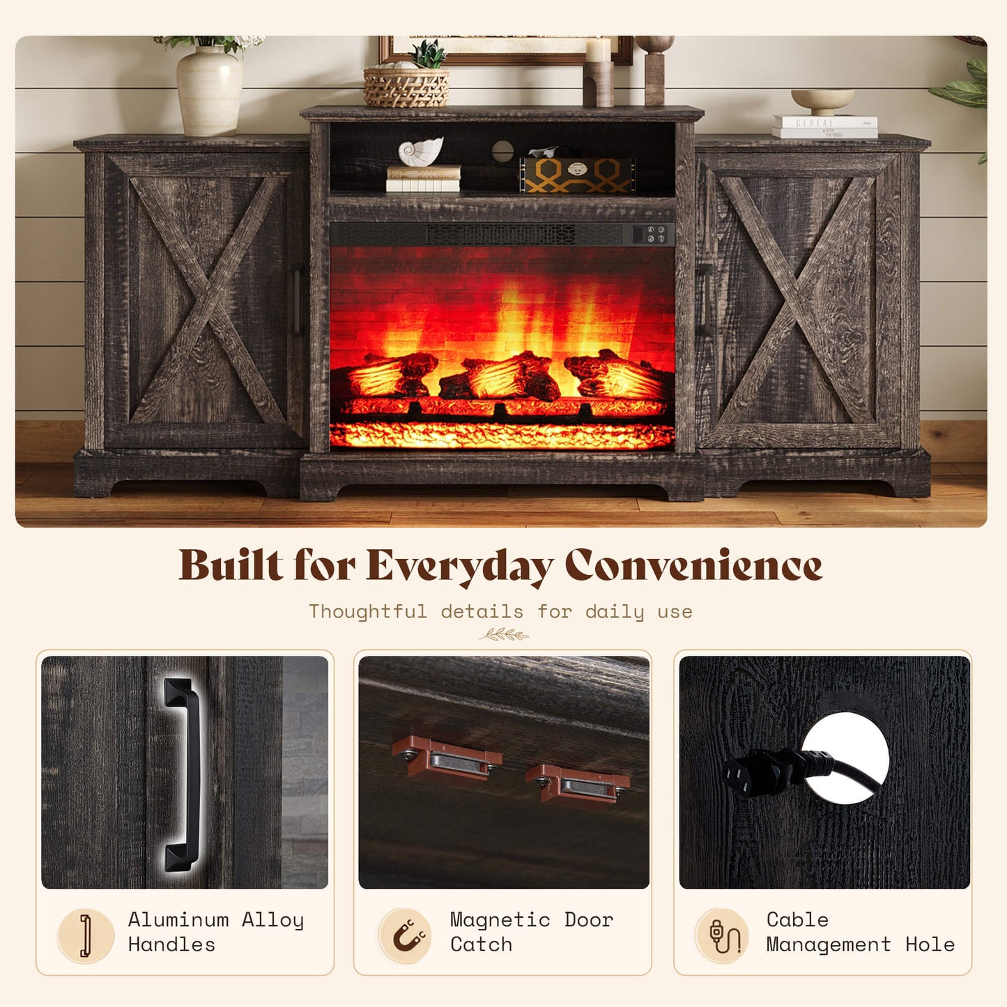 Vista Extra-Wide Fireplace TV Stand Amerlife 70" / Rustic Black