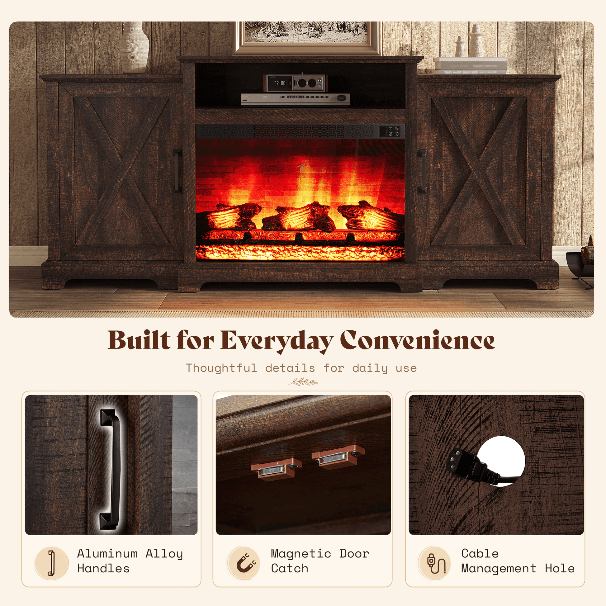 Vista Extra-Wide Fireplace TV Stand Amerlife 70" / Rustic Brown
