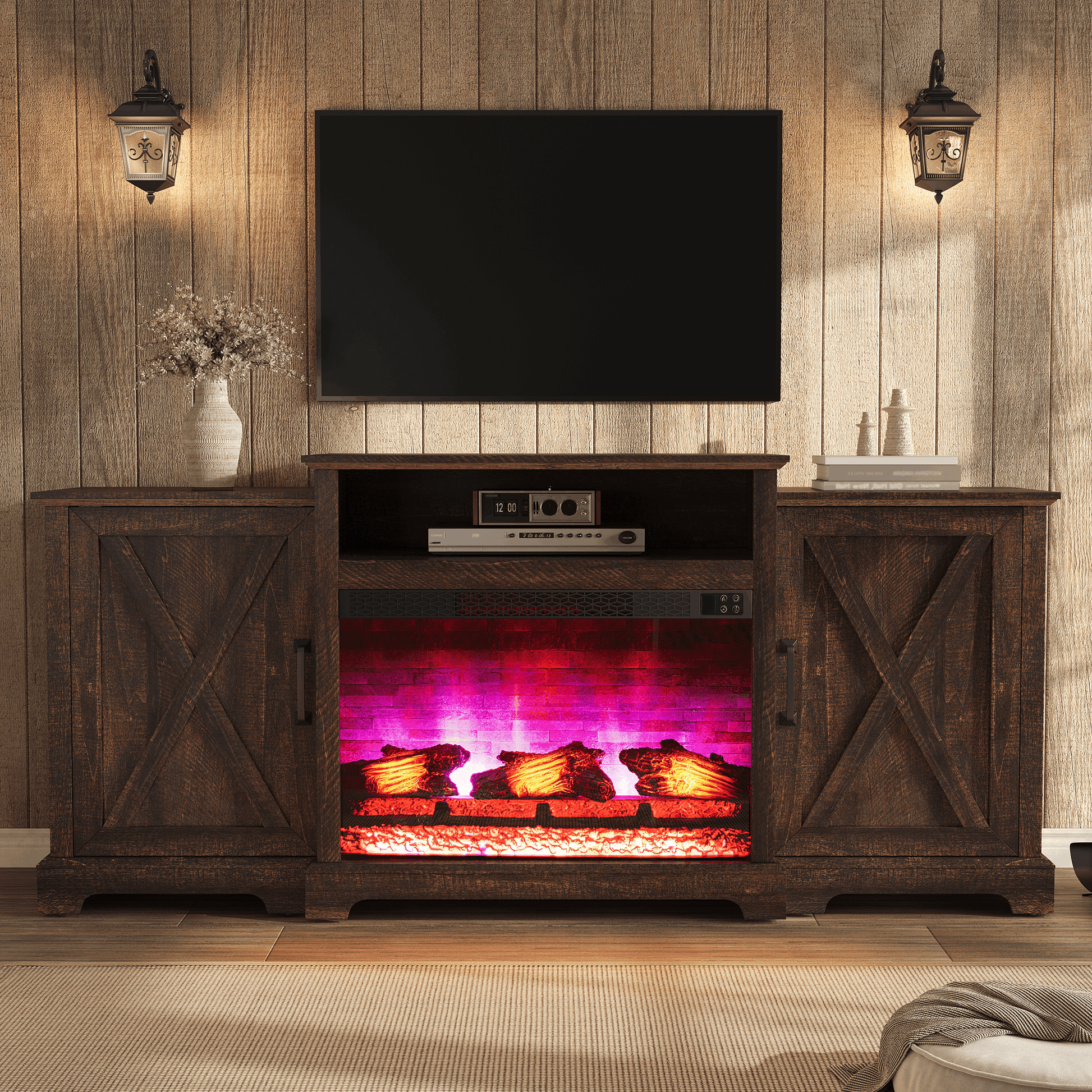 Vista Extra-Wide Fireplace TV Stand Amerlife 70" / Rustic Brown