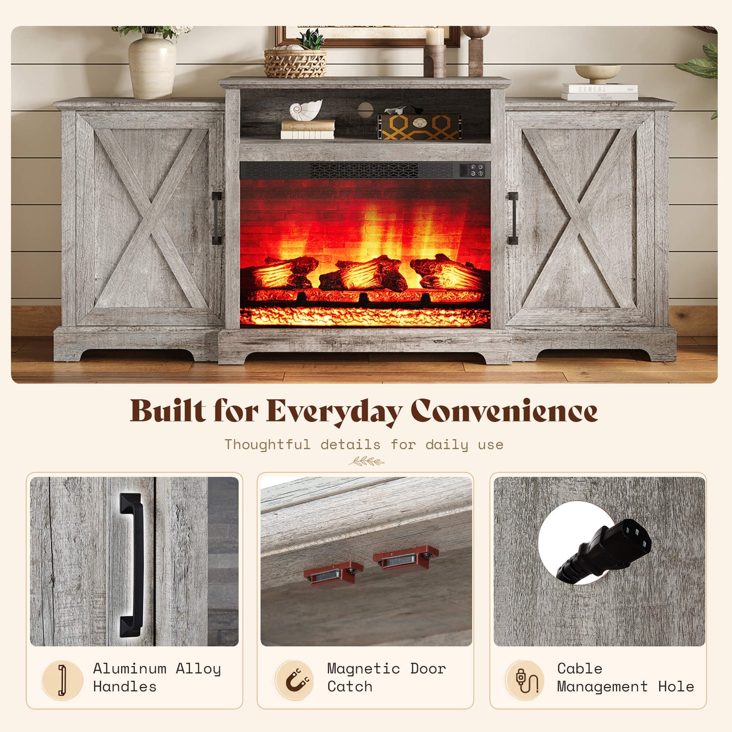Vista Extra-Wide Fireplace TV Stand Amerlife 70" / Light Grey