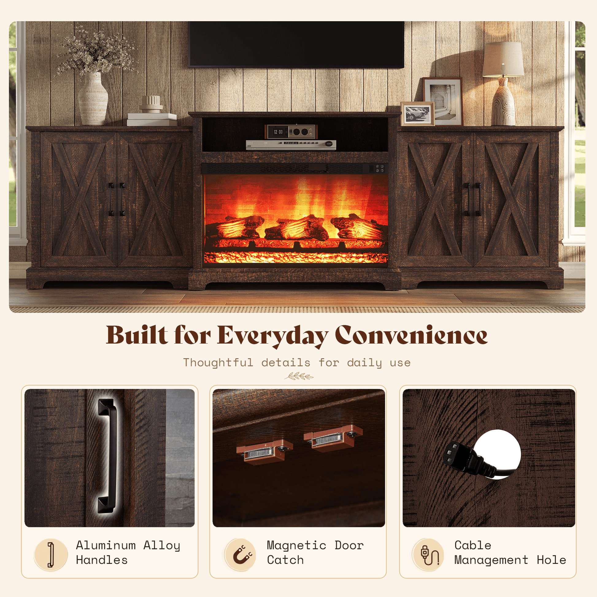 Vista Extra-Wide Fireplace TV Stand Amerlife 97" / Rustic Brown