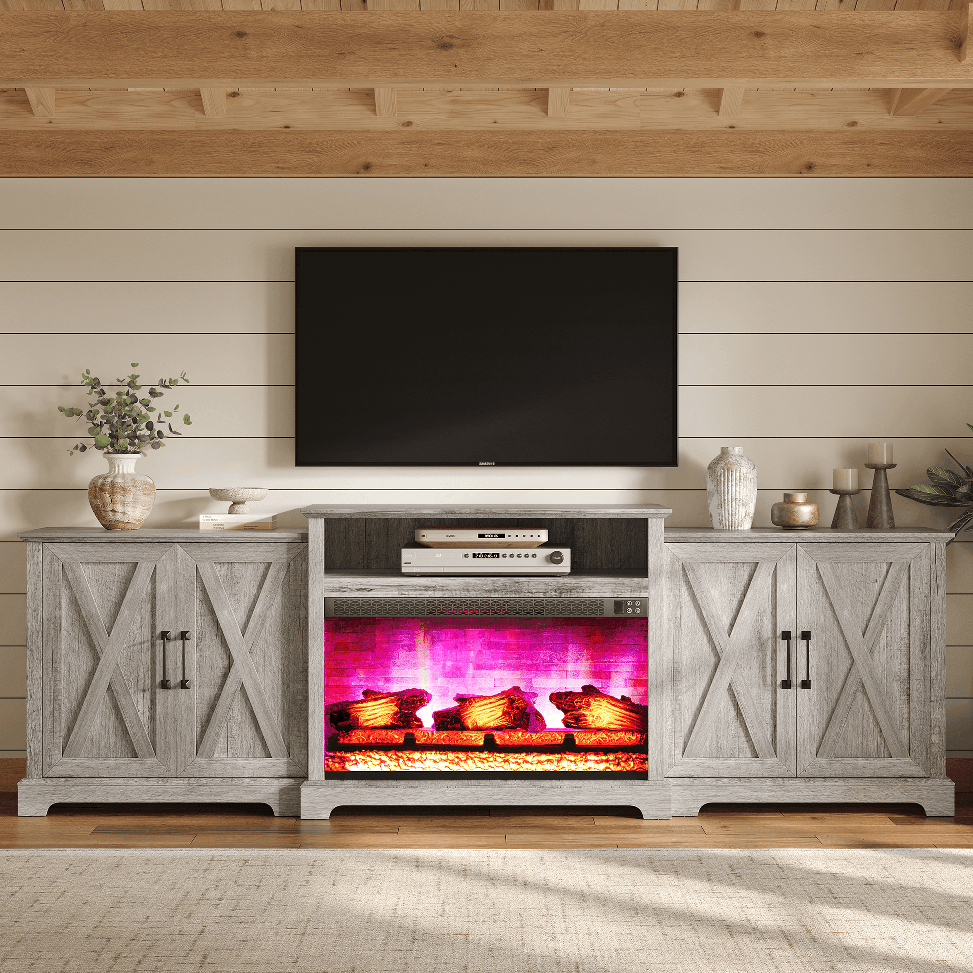 Vista Extra-Wide Fireplace TV Stand Amerlife 97" / Light Grey