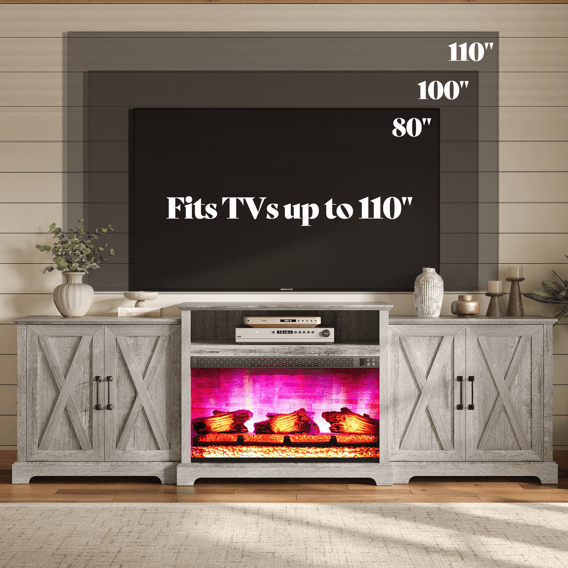 Vista Extra-Wide Fireplace TV Stand Amerlife 97" / Light Grey