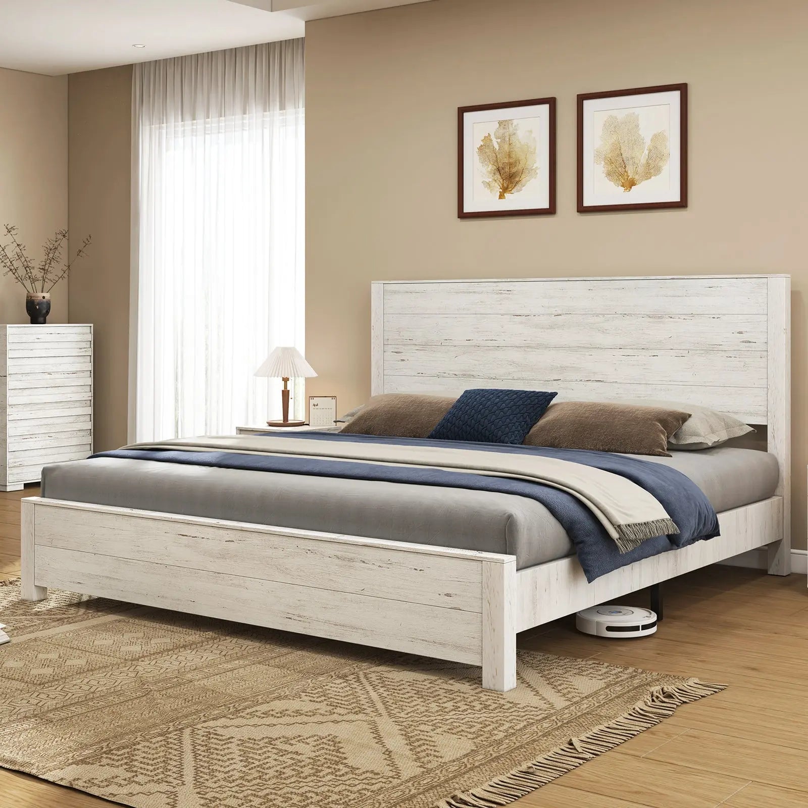 Solid Wood Platform Bed, Rustic Bed Frame with 51.2" Tall Headboard