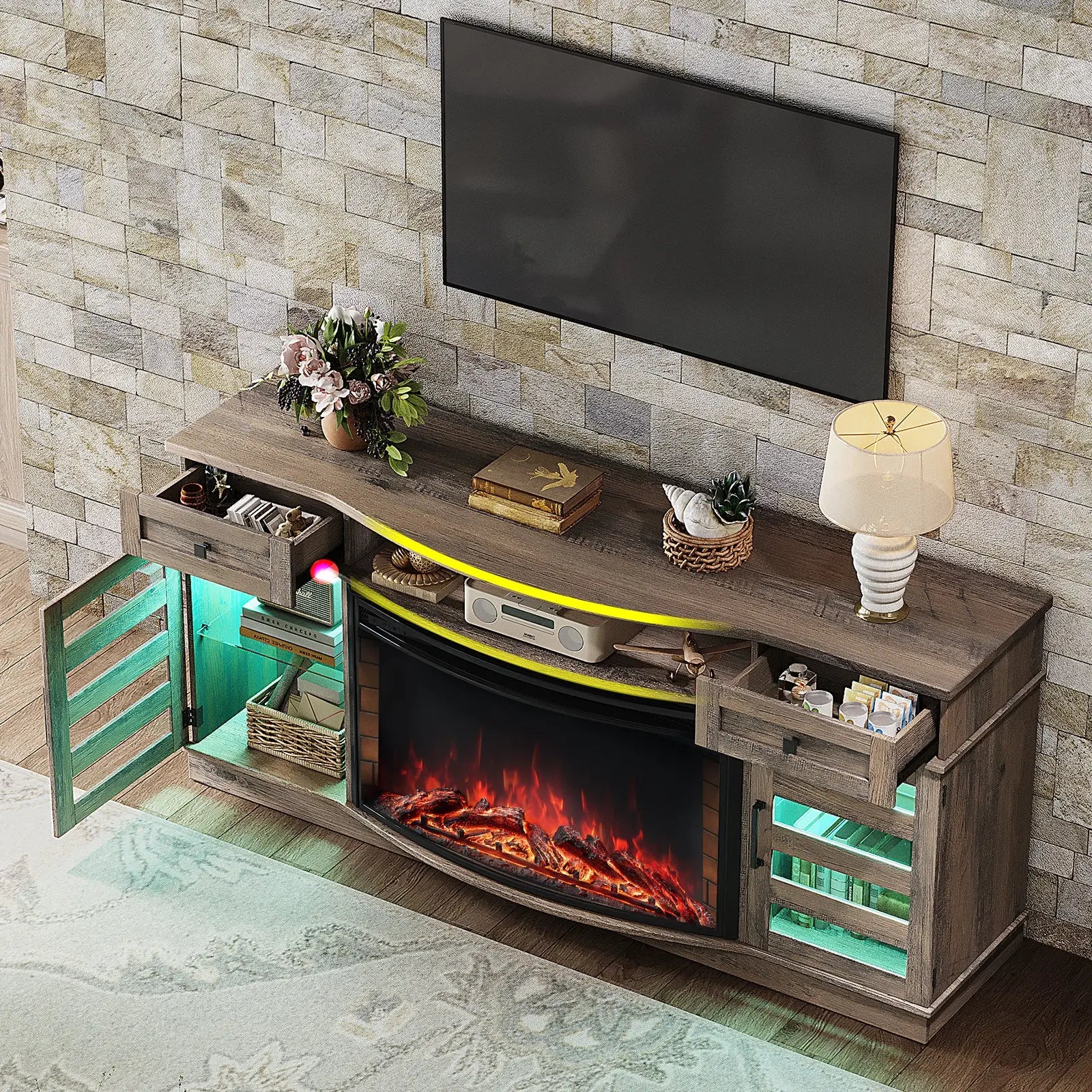 70 Curved Farmhouse LED TV Stand 36 Electric Fireplace up to 80 Amerlife