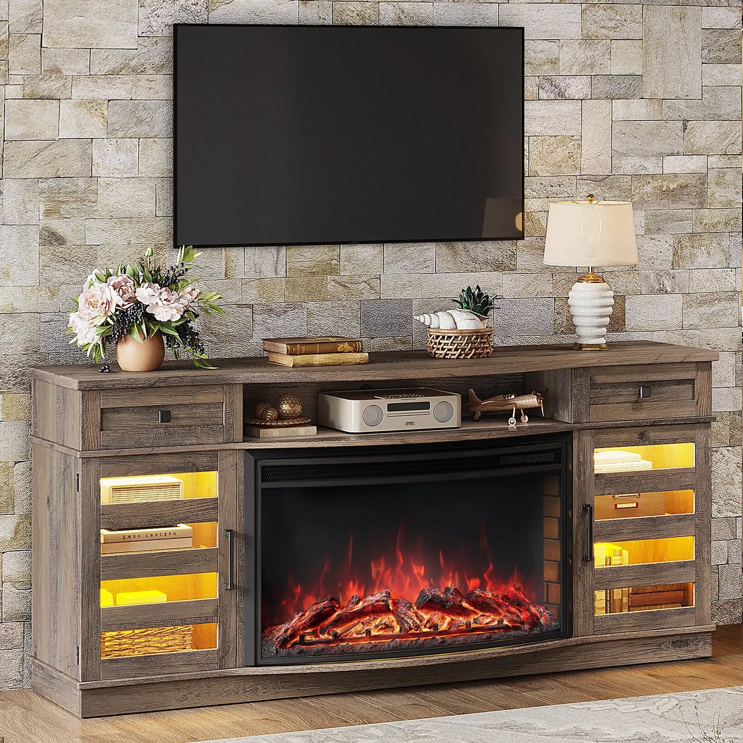 Travis 70" Fireplace TV Stand - Wash Gray