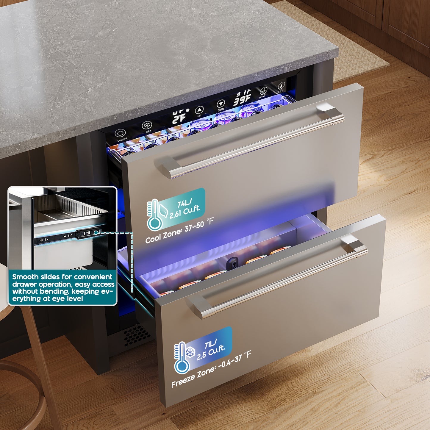 Chillbar Undercounter Drawer Refrigerator-24 Inch - 24 Inch - Dual Zone Mini Fridge