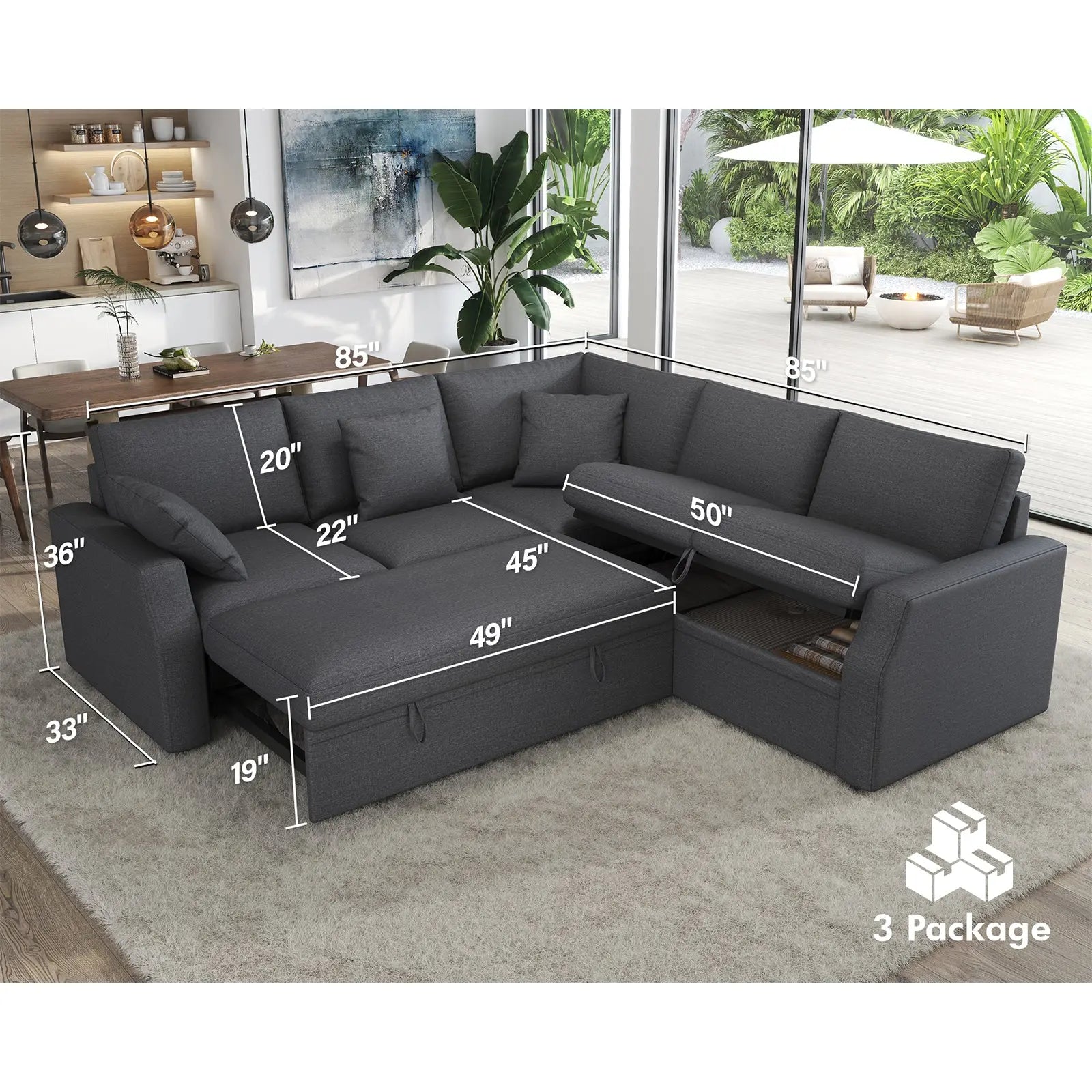 AMERLIFE Velvra 85 Pull Out Sofa Bed L Shaped Storage Seat Sectional Couch Sleeper Sofa Grey