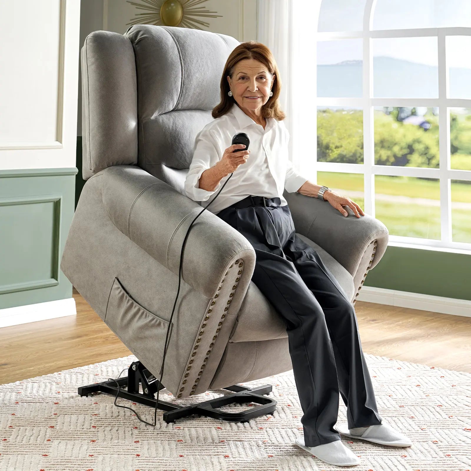 Amerlife Victor Electric Power Lift Chair Recliner for Elderly Adults Oversized Single Sofa Vintage Chair for Living Room Bedroom Nailhead Trim Durable Fabric