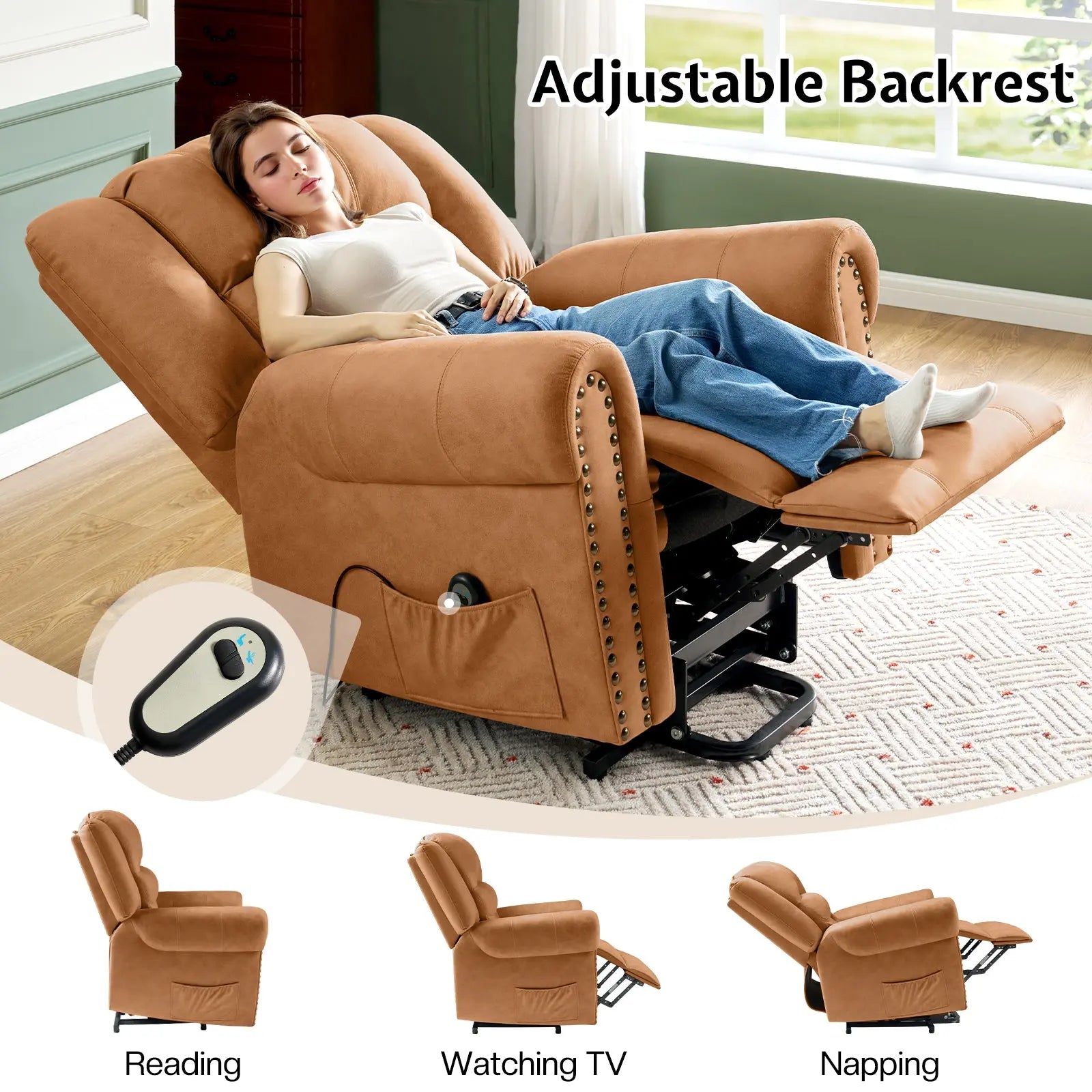 Amerlife Victor Electric Power Lift Chair Recliner for Elderly Adults Oversized Single Sofa Vintage Chair for Living Room Bedroom Nailhead Trim Durable Fabric