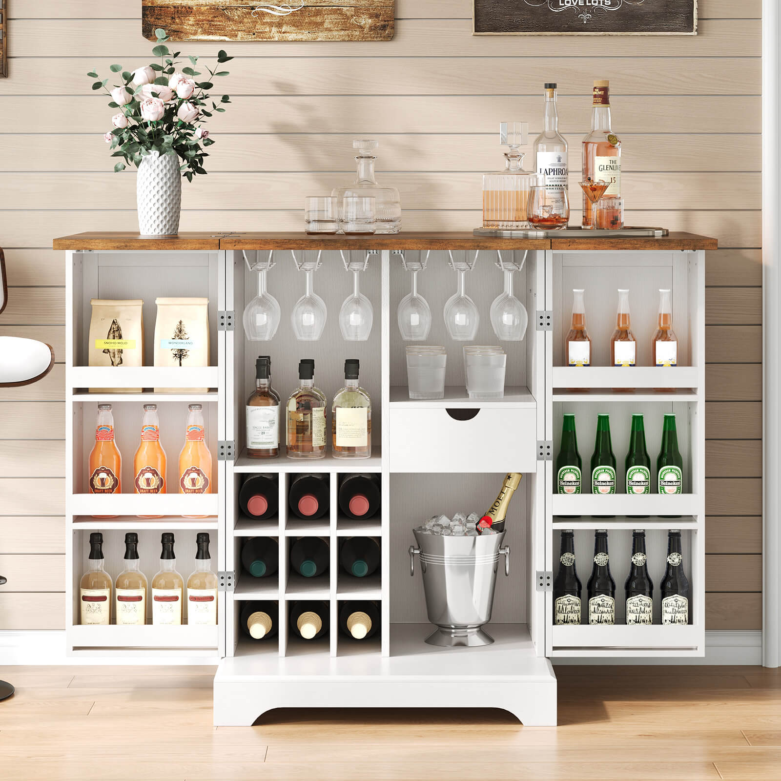 Haven 61" Foldable Wine Cabinet - White & Barnwood