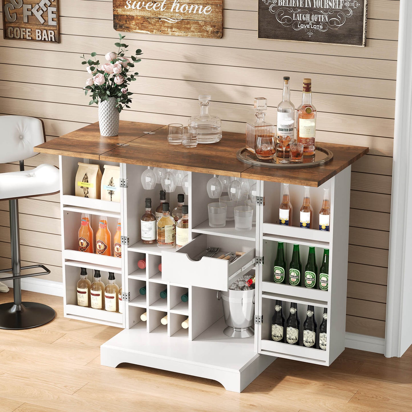 Haven 61" Foldable Wine Cabinet - White & Barnwood