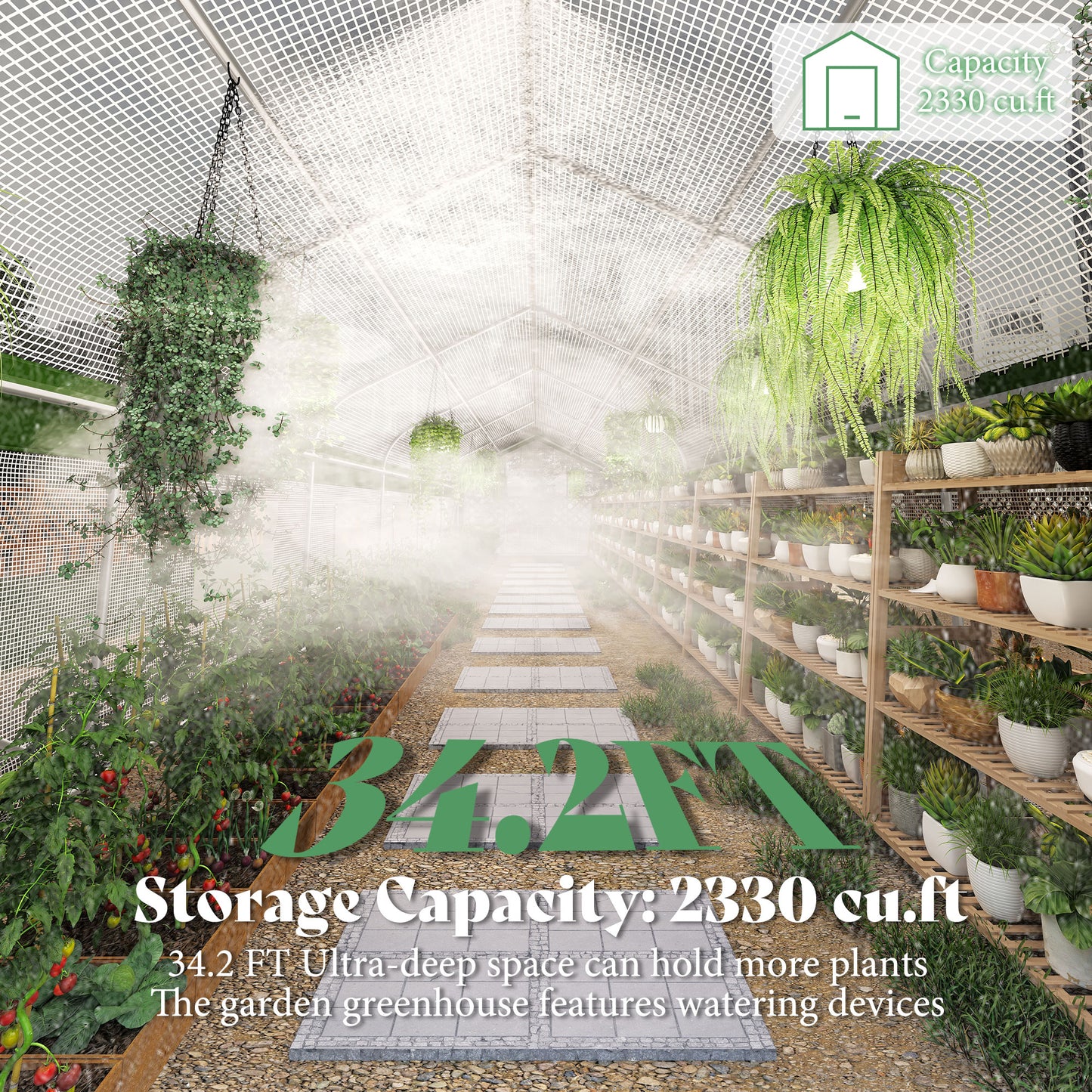Canopy 34x10 FT Walk-In Greenhouse with Watering System-White+Green-34x10 FT(Frame NOT Included)