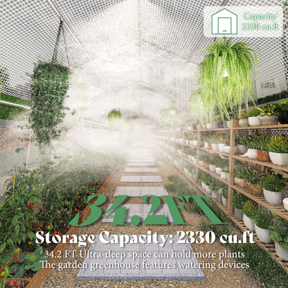 Canopy 34x10 FT Walk-In Greenhouse with Watering System-White+Green-34x10 FT(Frame NOT Included)