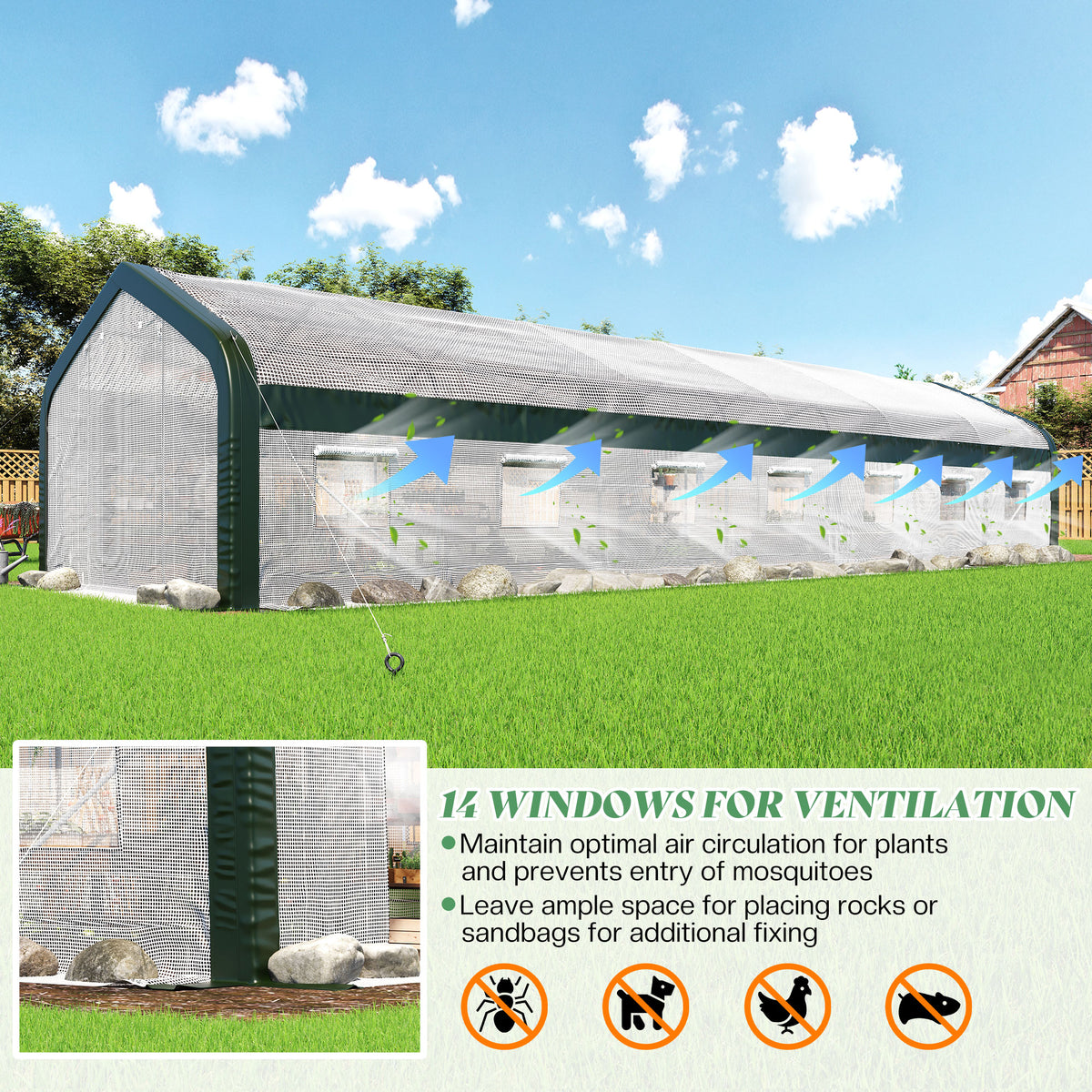 Canopy 34x10 FT Walk-In Greenhouse with Watering System-White+Green-34x10 FT(Frame NOT Included)