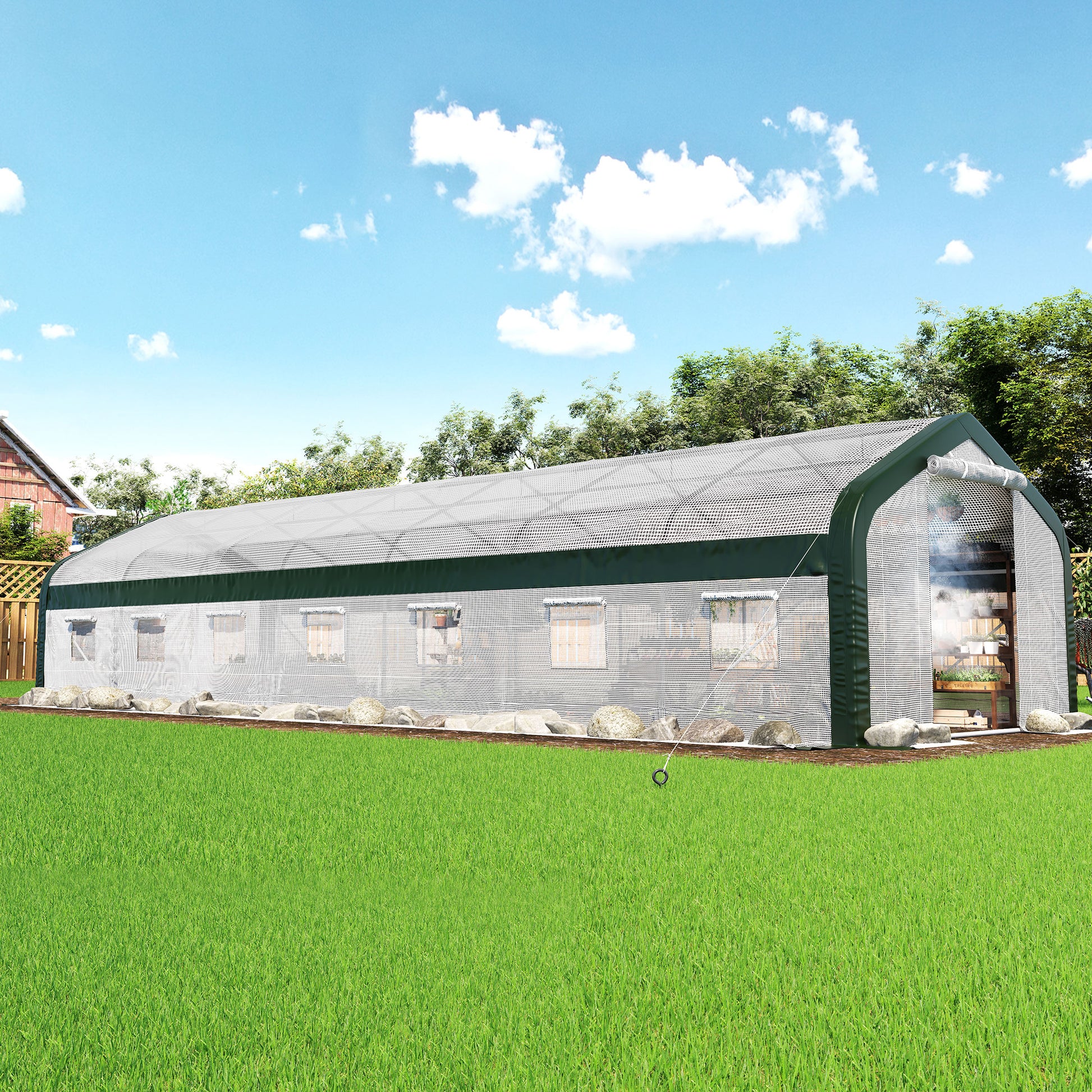 Canopy 34x10 FT Walk-In Greenhouse with Watering System-White+Green-34x10 FT(Frame NOT Included)