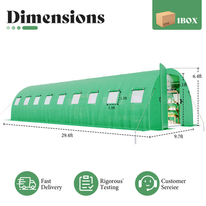 Pro Walk-In Greenhouse with Sprinkler System-30x10 FT-Green