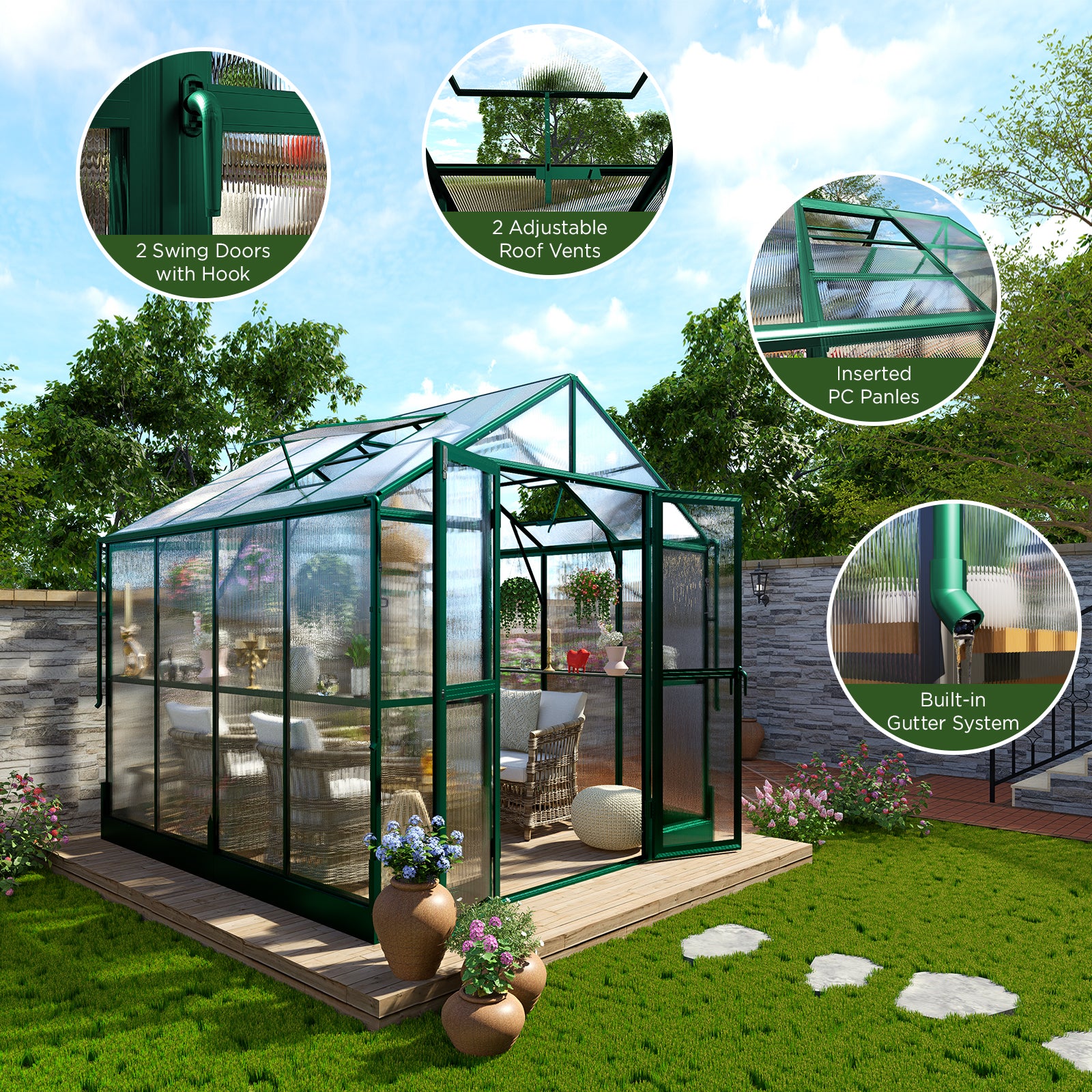 Amerlife Hortus Greenhouse Double Swing Doors 5.2FT Height Walk-in
