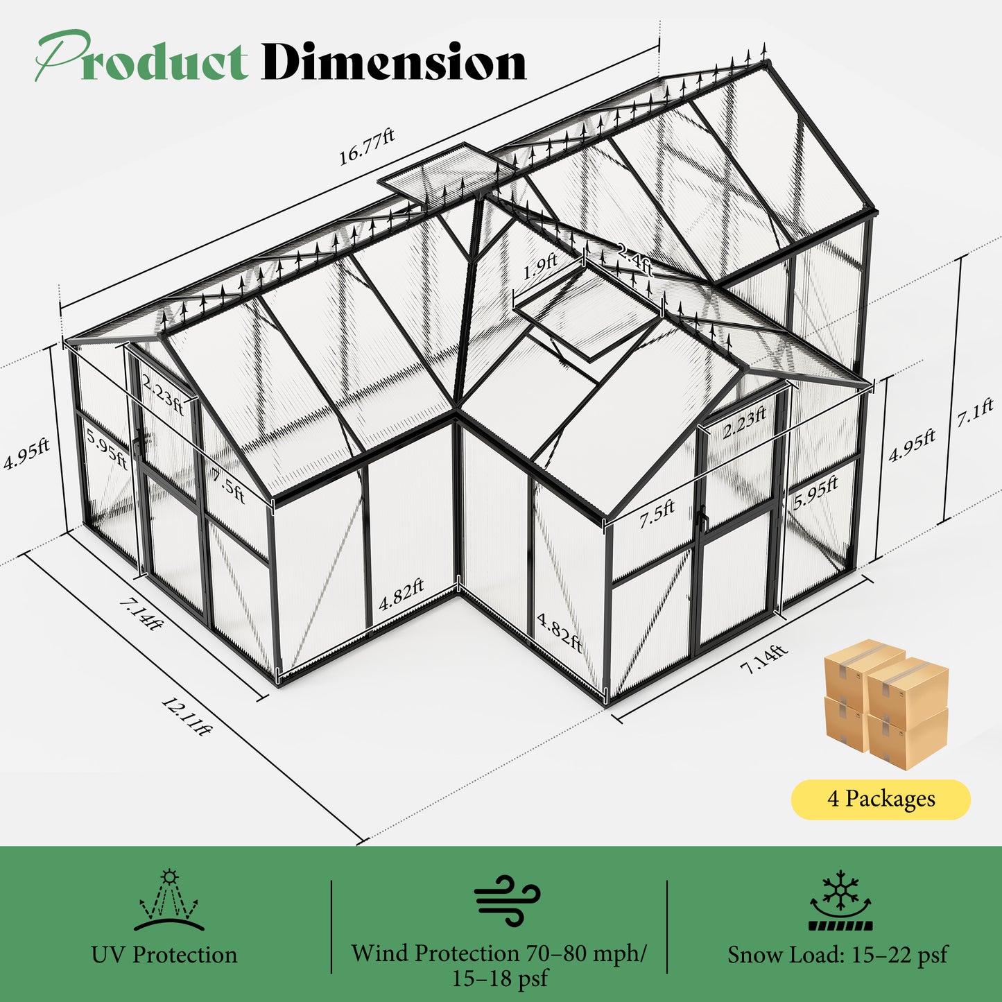 Sunlit Greenhouse with Quick Connector Amerlife 16.8 x 12 x 7 FT