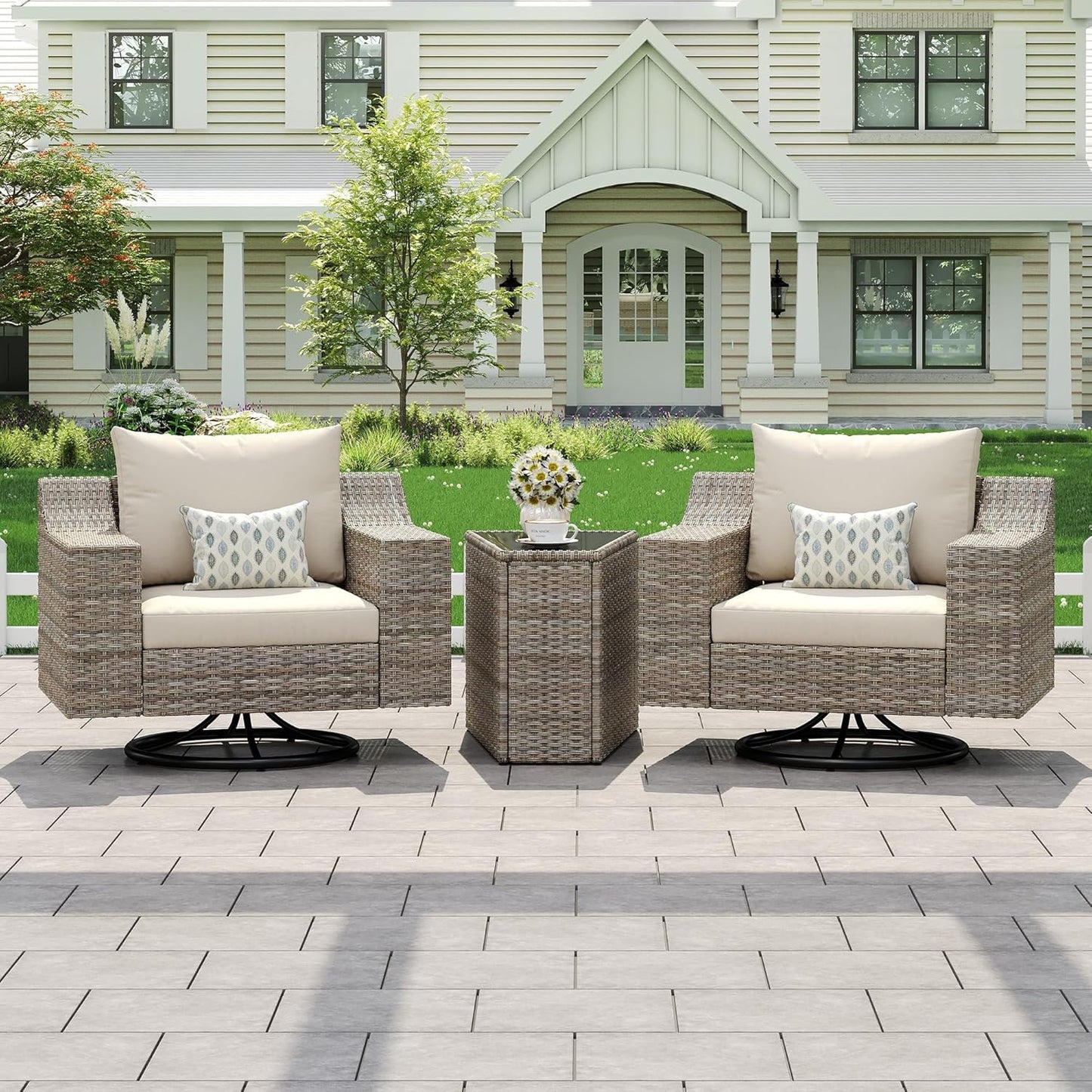 Caelo Wicker Patio Sectional Set 3 PCS - Swivel Glider & Storage Table