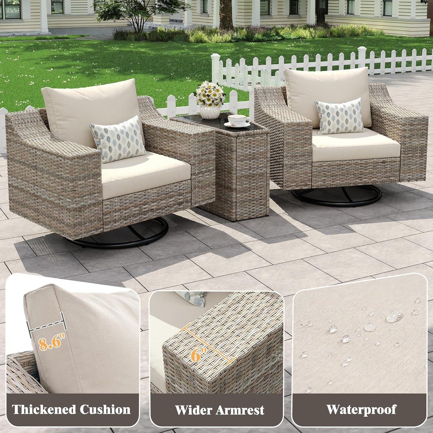 Caelo Wicker Patio Sectional Set 3 PCS - Swivel Glider & Storage Table