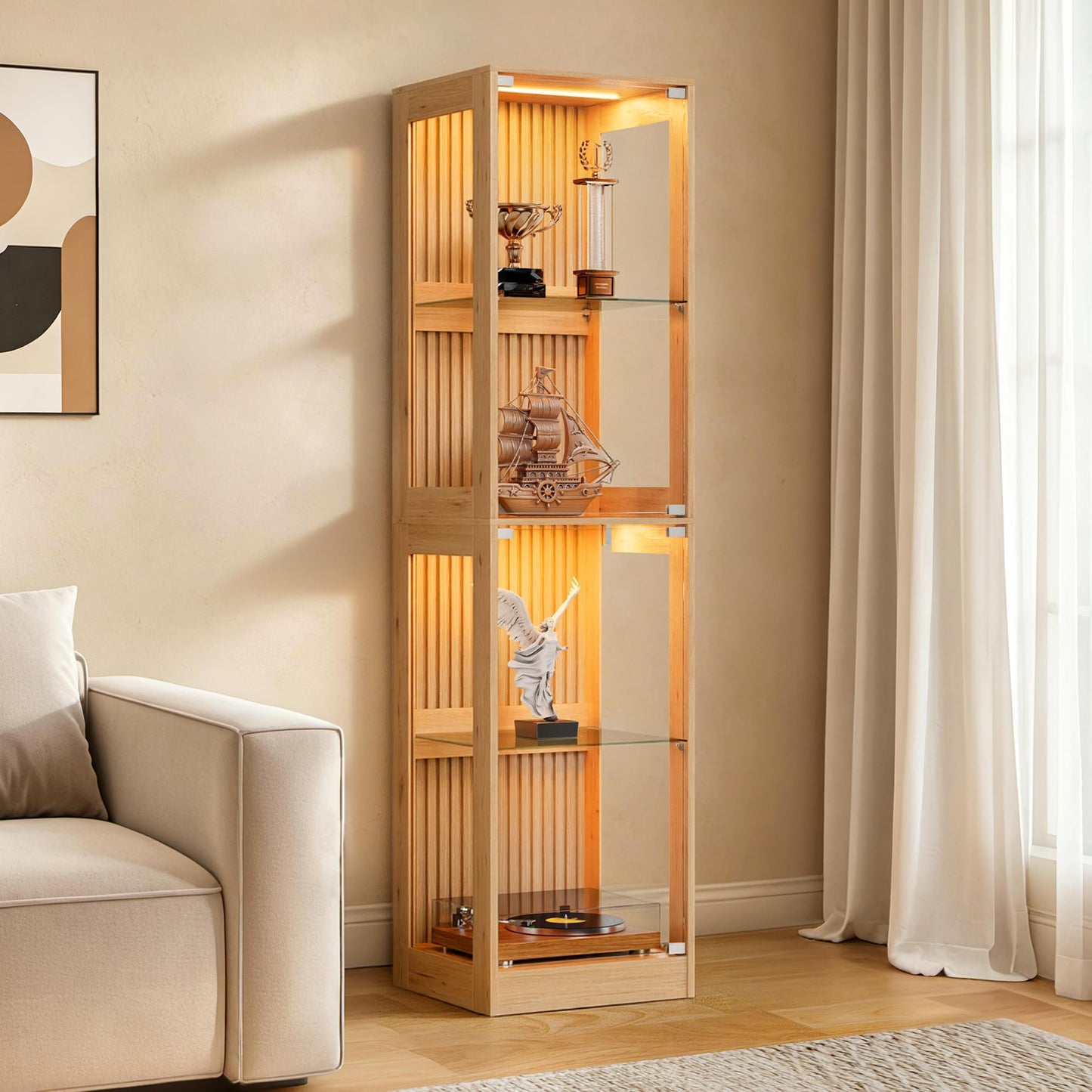 RGB Display Cabinet with Adjustable Glass Shelves Amerlife Wood / 16x16x70in