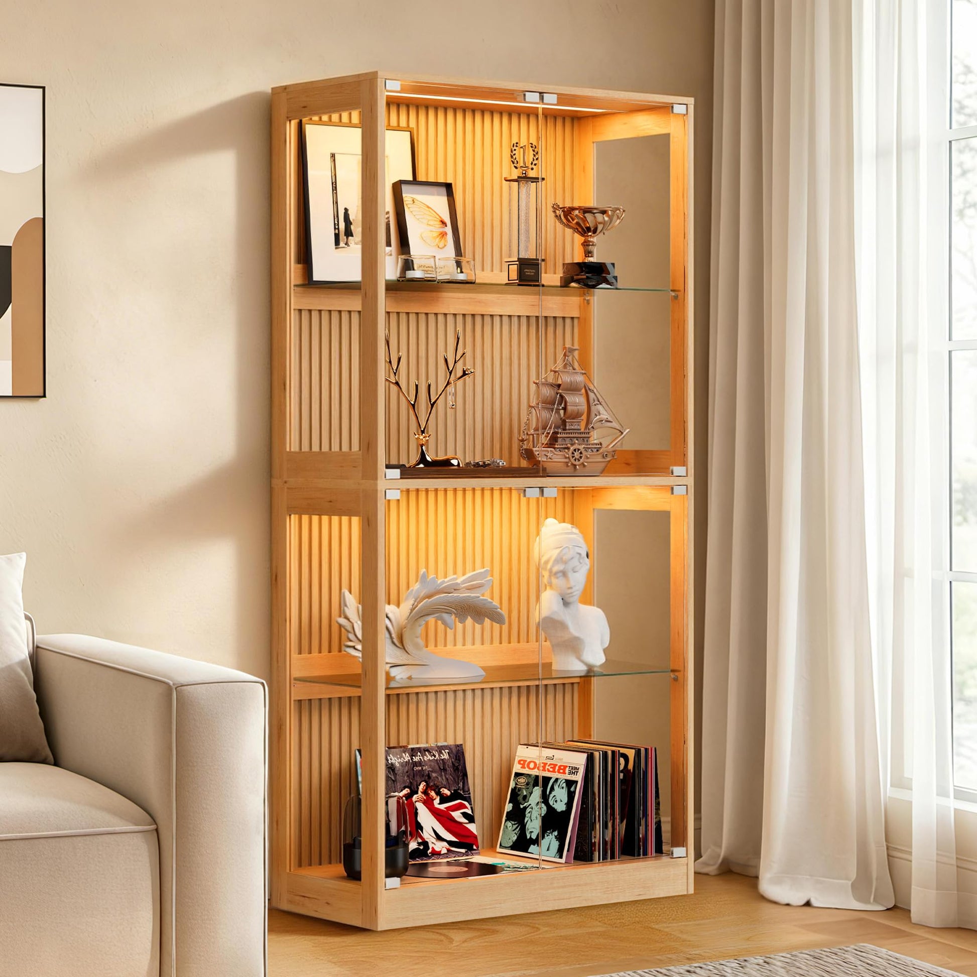 RGB Display Cabinet with Adjustable Glass Shelves Amerlife Wood / 32x16x70in
